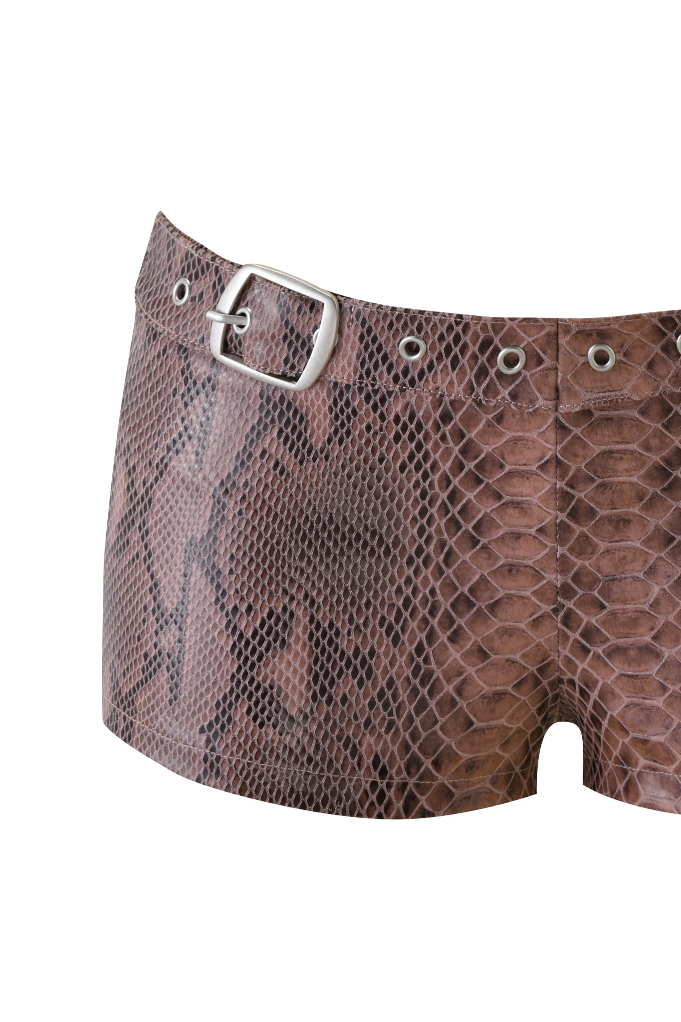 The I.AM.GIA CINNA SHORT - SNAKESKIN features a brown and black faux snakeskin pattern, low rise waist, silver belt buckle, and grommet details, shown isolated on a white background.