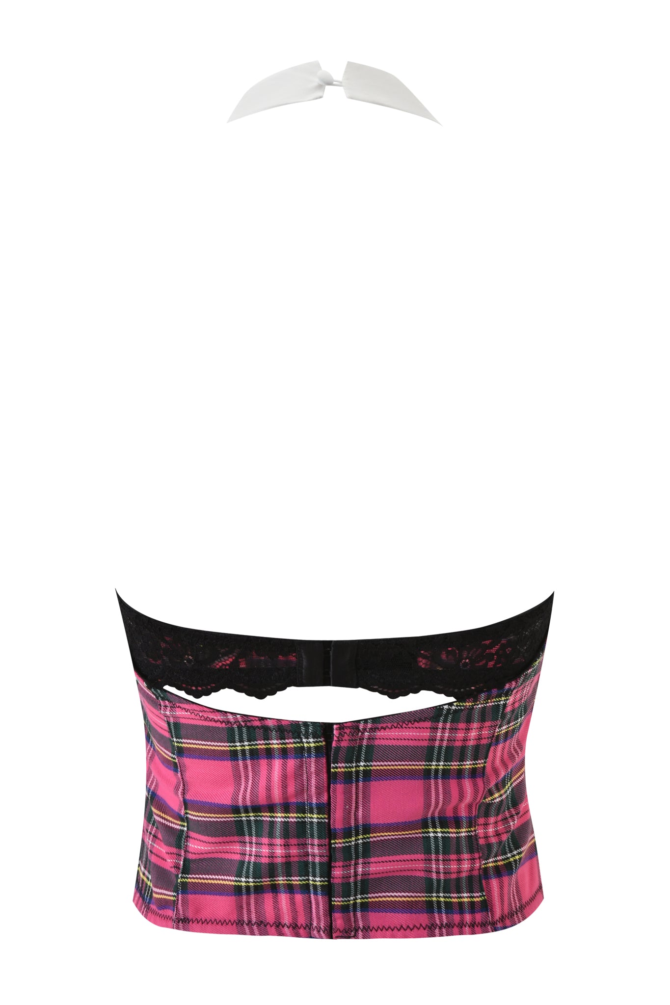 The I.AM.GIA KITTEN CORSET - PINK PLAID is a cropped halter top with a bustier fit, built-in underwire bra, black lace trim, and white neck tie, displayed against a white background.