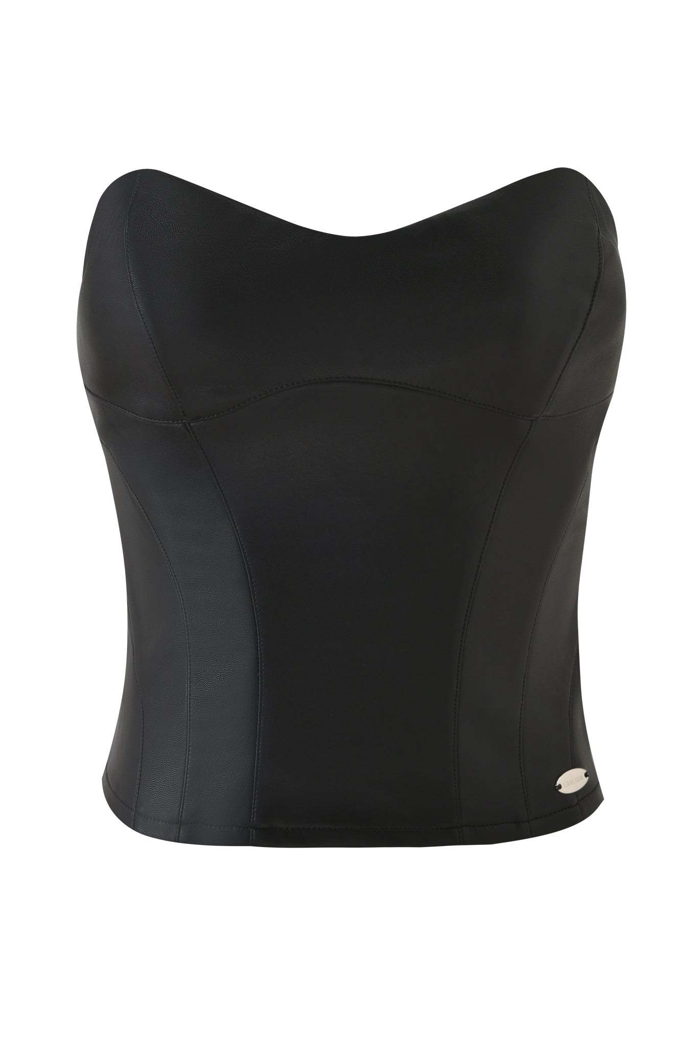 The I.AM.GIA TEMPEST BUSTIER TOP - BLACK is a strapless, black PU faux leather bustier with seam detailing, bodycon fit, sweetheart neckline, and a metallic logo accent on the lower right side.