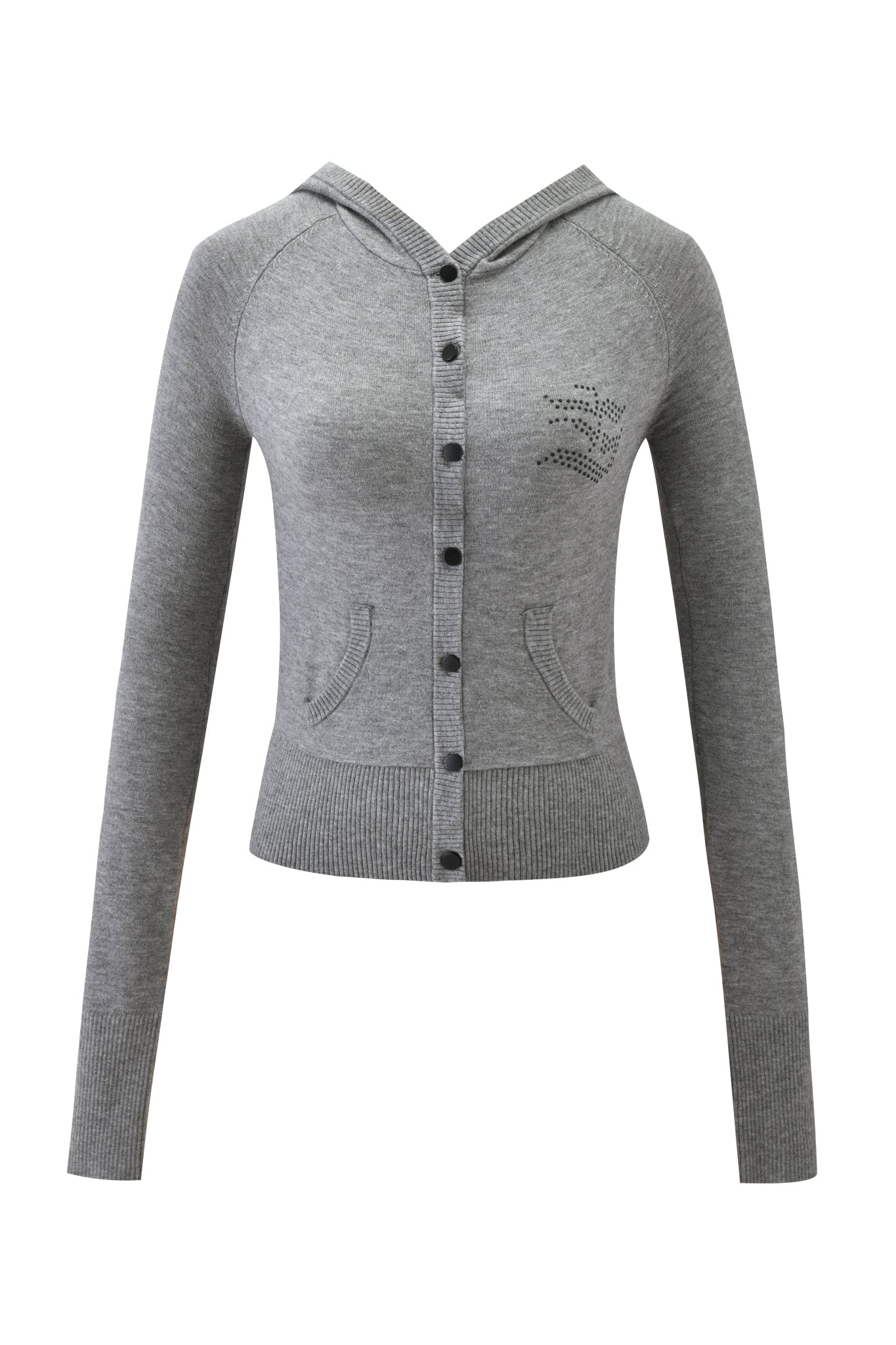 The JESSA HOODIE - GREY by I.AM.GIA is a light gray knit, long-sleeved button-up cardigan featuring two front pockets and a small decorative detail on the upper left chest.