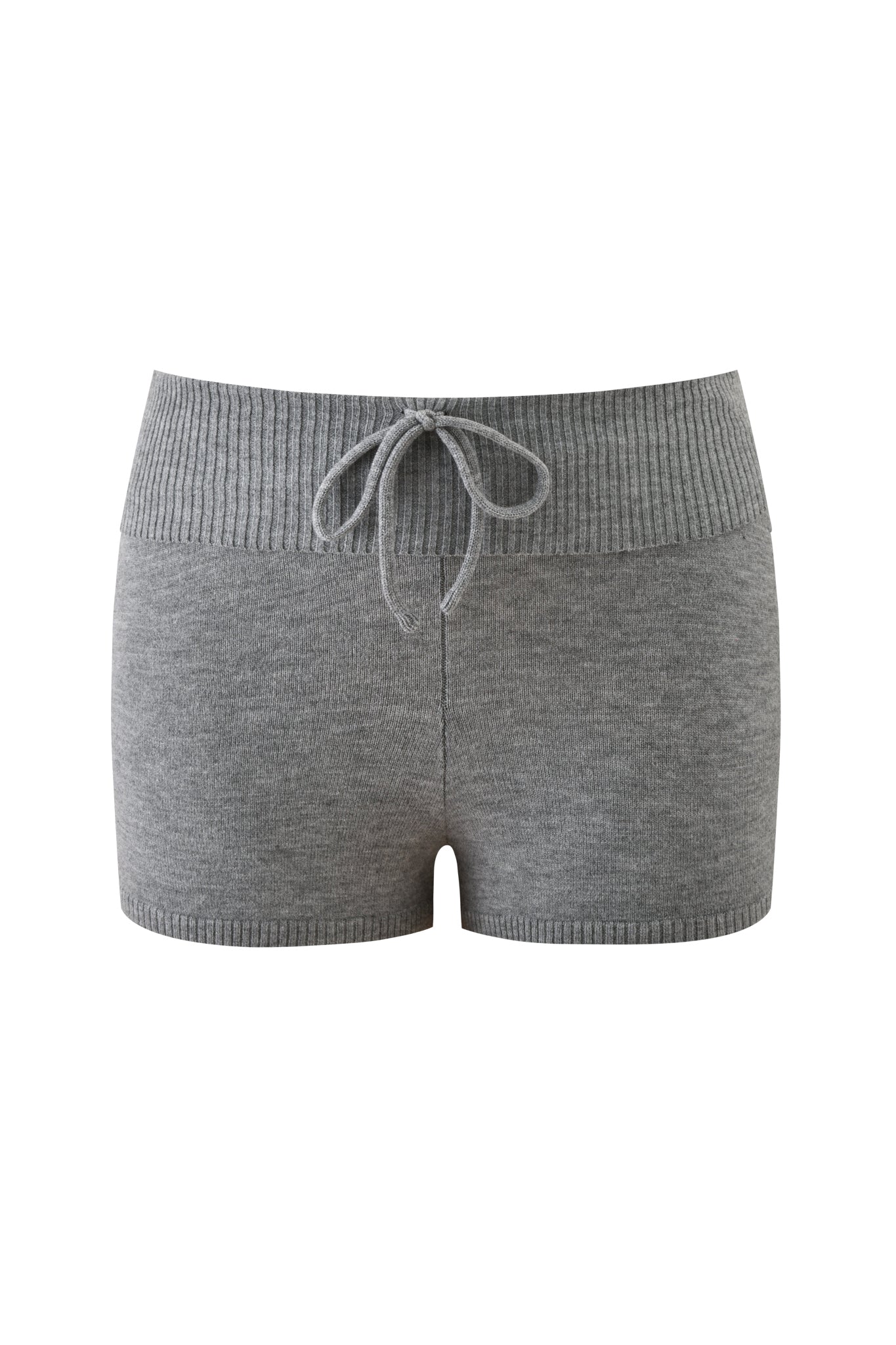 The JESSA SHORT - GREY by I.AM.GIA features charcoal grey knit, a ribbed foldover waistband, front drawstring tie, and ribbed leg openings, shown against a white background.