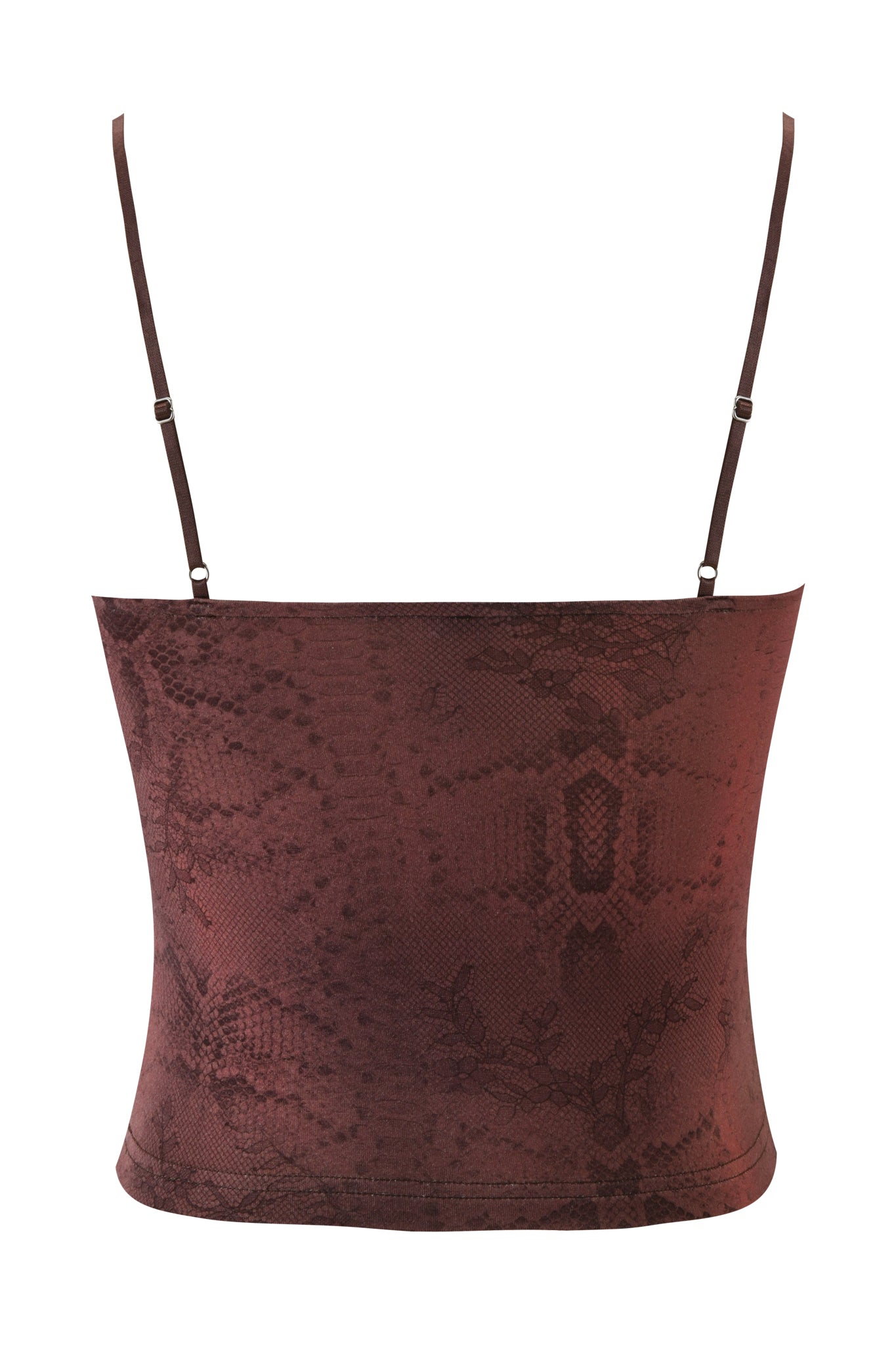 The BEAU TOP - BROWN by I.AM.GIA is a maroon-brown cami with thin adjustable straps, shown on a white background. Its fabric has a subtle textured snakeskin print for a chic, modern style.