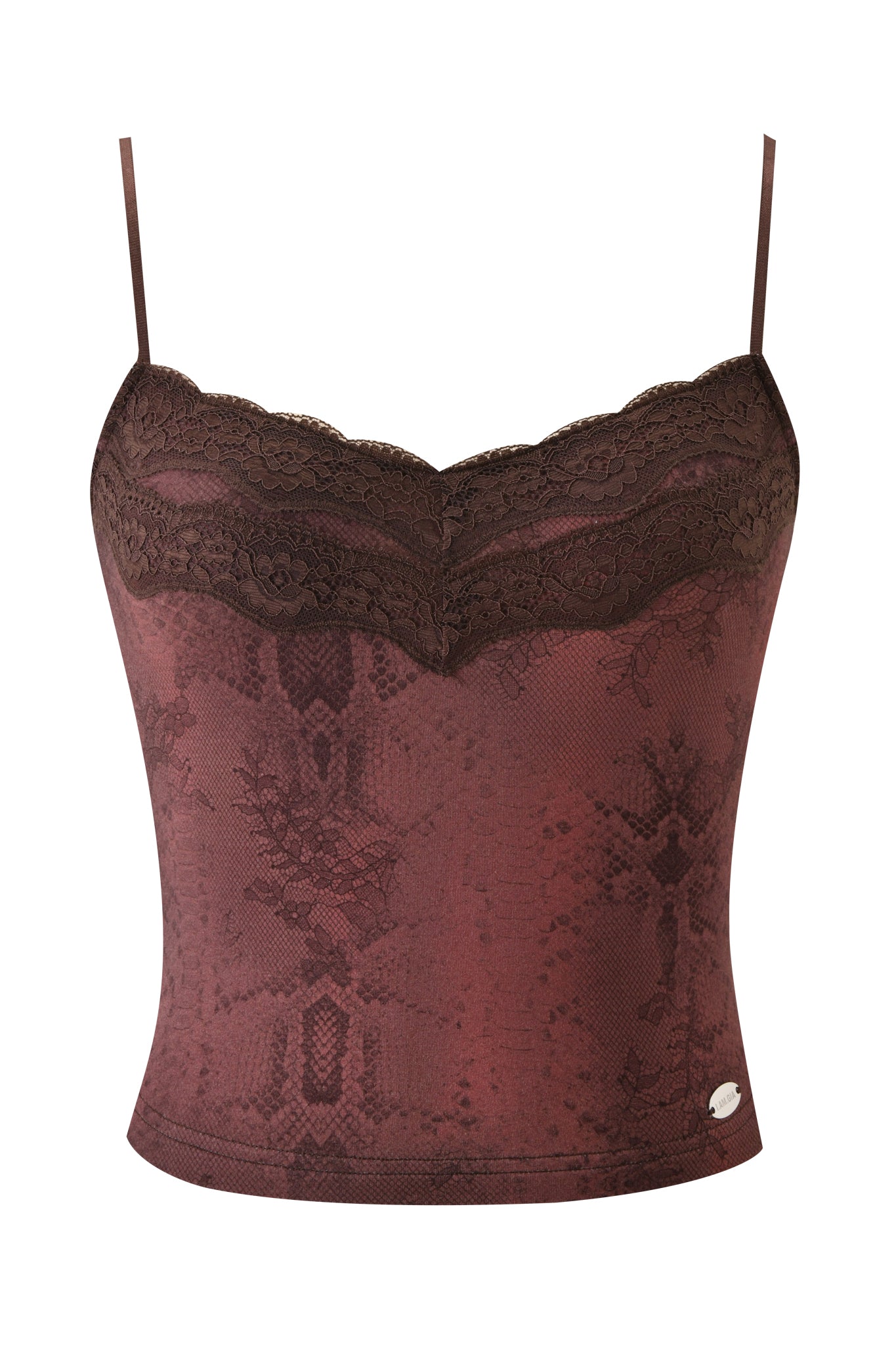 The BEAU TOP by I.AM.GIA is a brown camisole featuring thin spaghetti straps, lace trim at the neckline, and a snakeskin-inspired print for a chic, tank-style look.