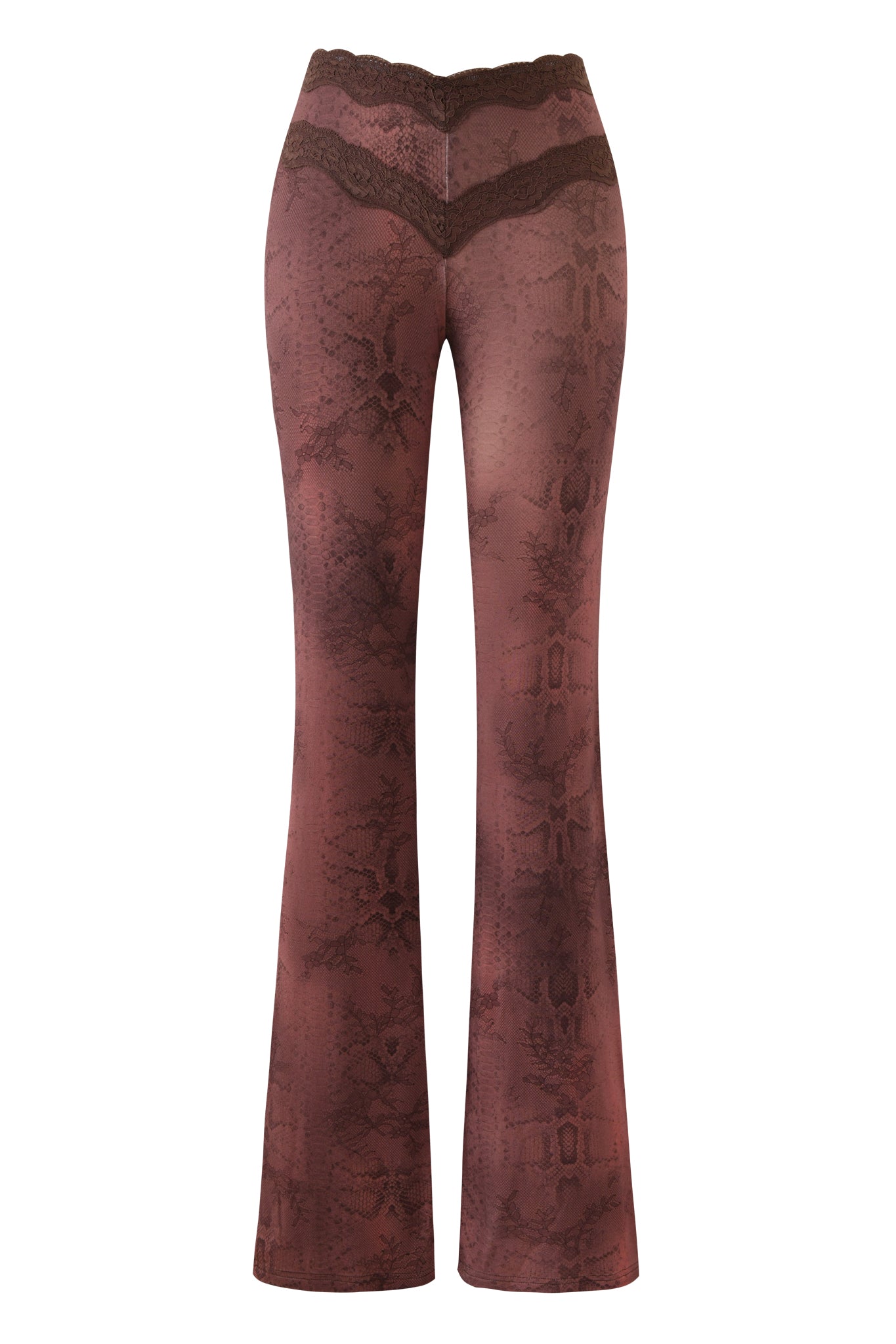 The BEAU PANT - BROWN by I.AM.GIA is a high-waisted, flare-leg lounge pant in a reddish-brown snakeskin print with scalloped lace trim, featuring shiny fabric that hugs the thighs and flares at the hem.