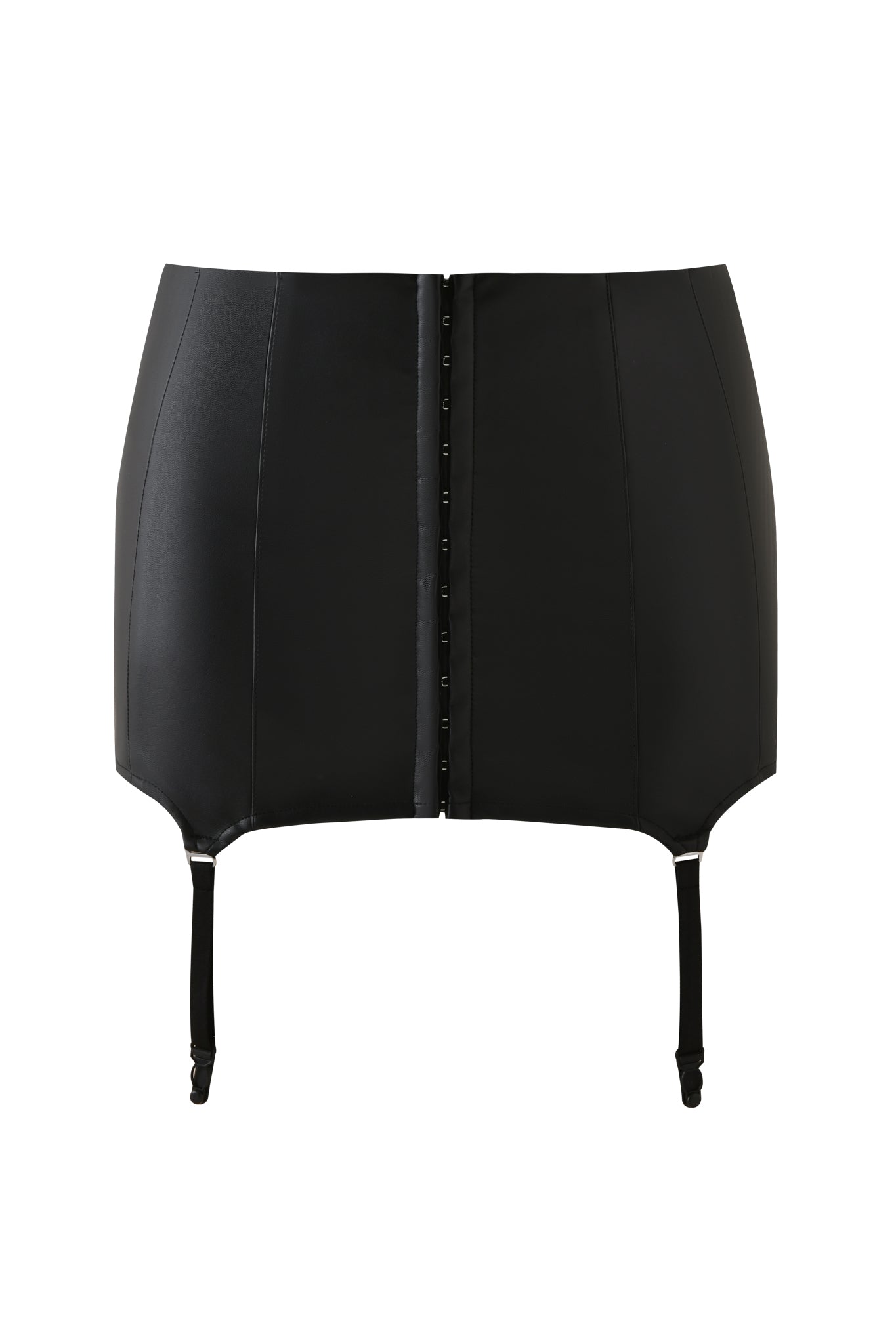 The I.AM.GIA SIBARI MINI SKIRT in black is a faux leather mini skirt with a garter-style design, front hook-and-eye closures, and two adjustable garter straps. Set against a white background.