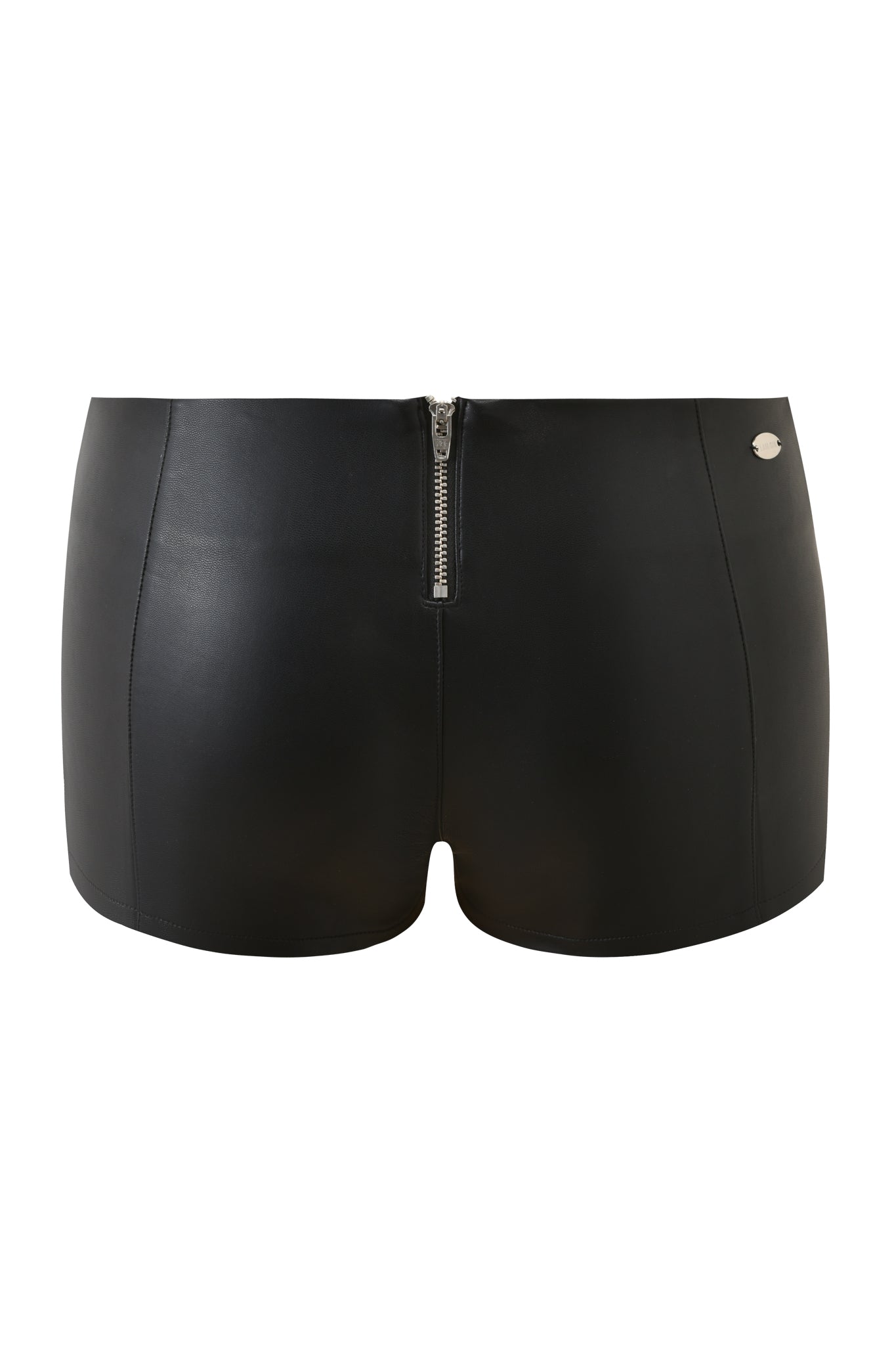 The TEMPEST HOT SHORT - BLACK by I.AM.GIA is a chic black PU hot short with a zipper and trendy low-rise waist design.