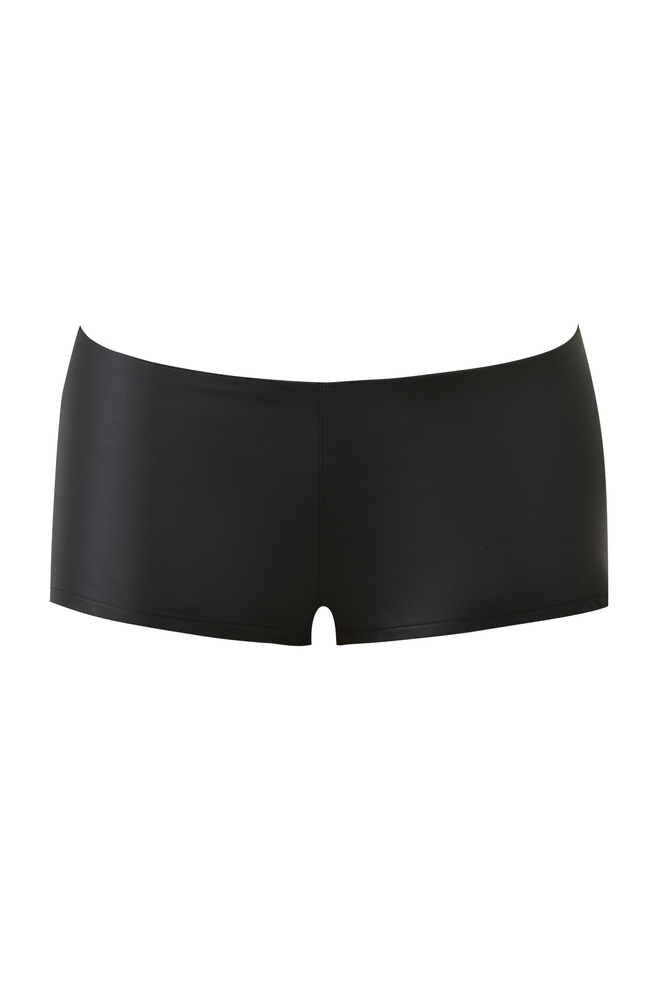 The TEMPEST HOT SHORT - BLACK by I.AM.GIA features sleek black PU fabric and a low-rise waist, ideal for a bold, confident style.