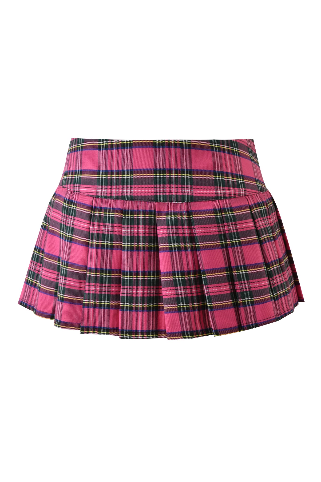 The KITTEN MINI SKIRT - PINK PLAID by I.AM.GIA features black and yellow lines on a pleated pink plaid design, creating a playful statement against a white background.