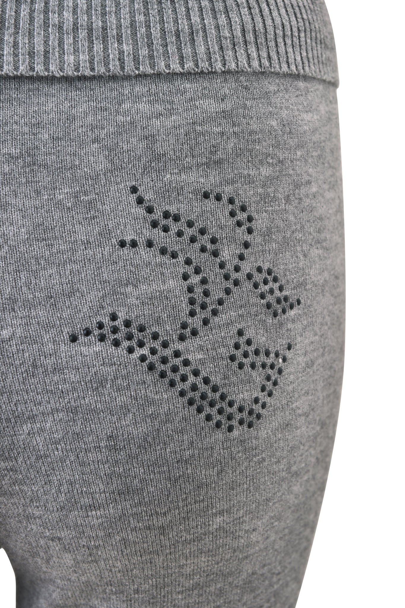 Close-up of the back of the I.AM.GIA JESSA PANT - GREY, featuring a decorative small black bead pattern and a flattering mid-rise waist.