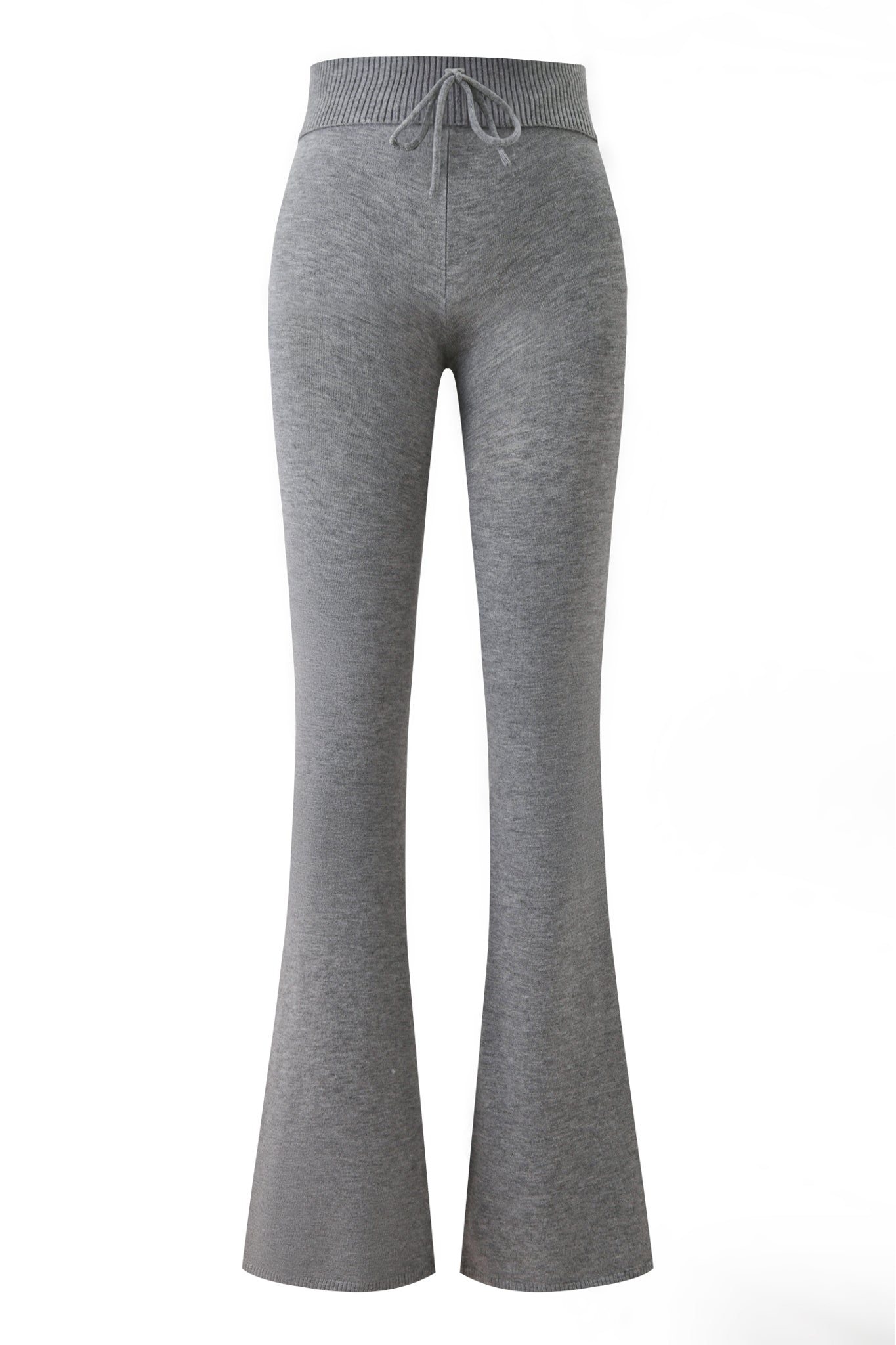 The I.AM.GIA JESSA PANT - GREY is a high-waisted lounge pant in charcoal with a ribbed waistband, drawstring tie, and flared legs, made from soft knit and shown on a white background.