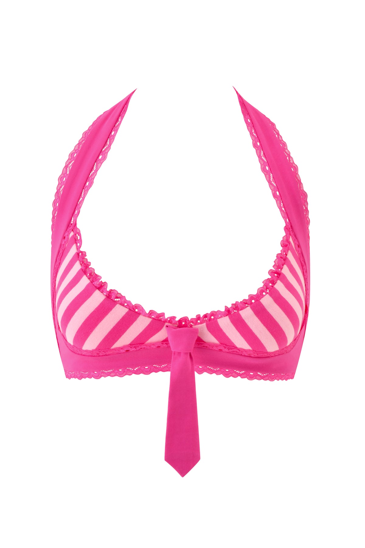 The MARINA TOP - PINK by I.AM.GIA is a pink halter-style bra top featuring pink and light pink stripes, delicate lace trim, and a small pink necktie accent at the center front—an ideal choice for adding a playful flair to any sexy sailor costume.