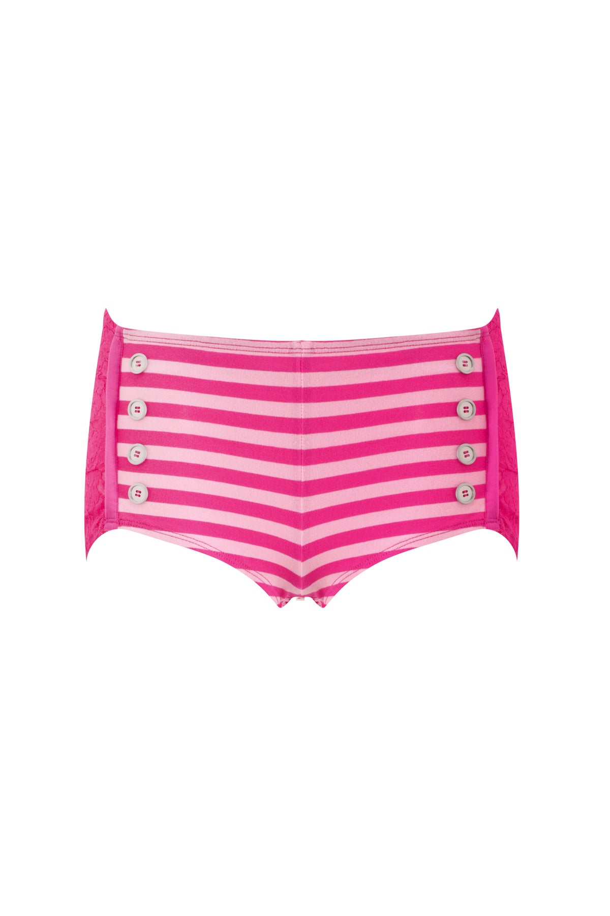 The MARINA SHORT - PINK by I.AM.GIA features pink and light pink stripes, a high-waisted silhouette, and two vertical rows of decorative white buttons on the front, giving it a playful sailor-inspired look. The shorts are displayed against a white background.