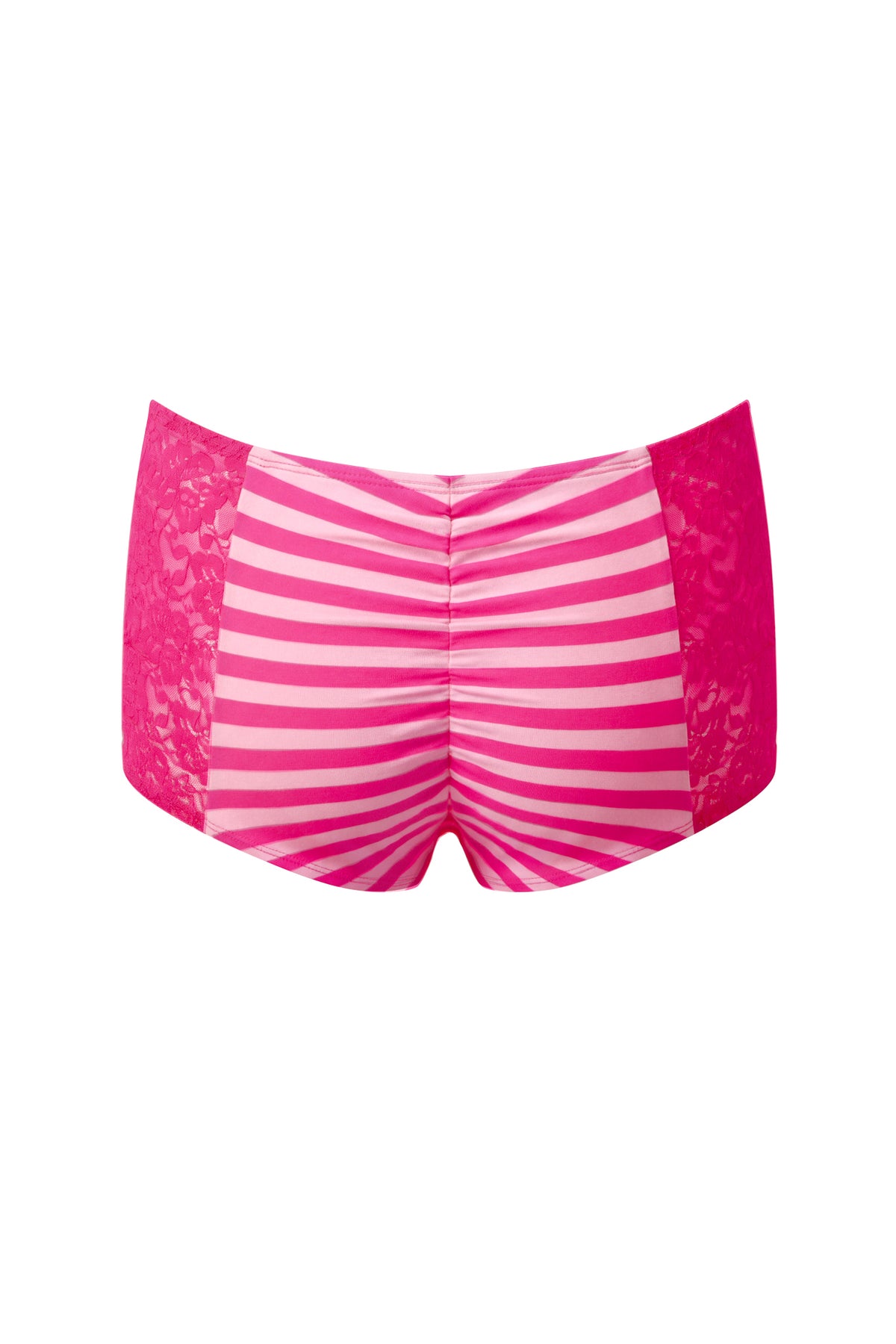 The MARINA SHORT - PINK by I.AM.GIA features pink and white stripes with pink lace side panels, designed in a playful boy short style reminiscent of a sexy sailor costume, and is displayed on a white background.