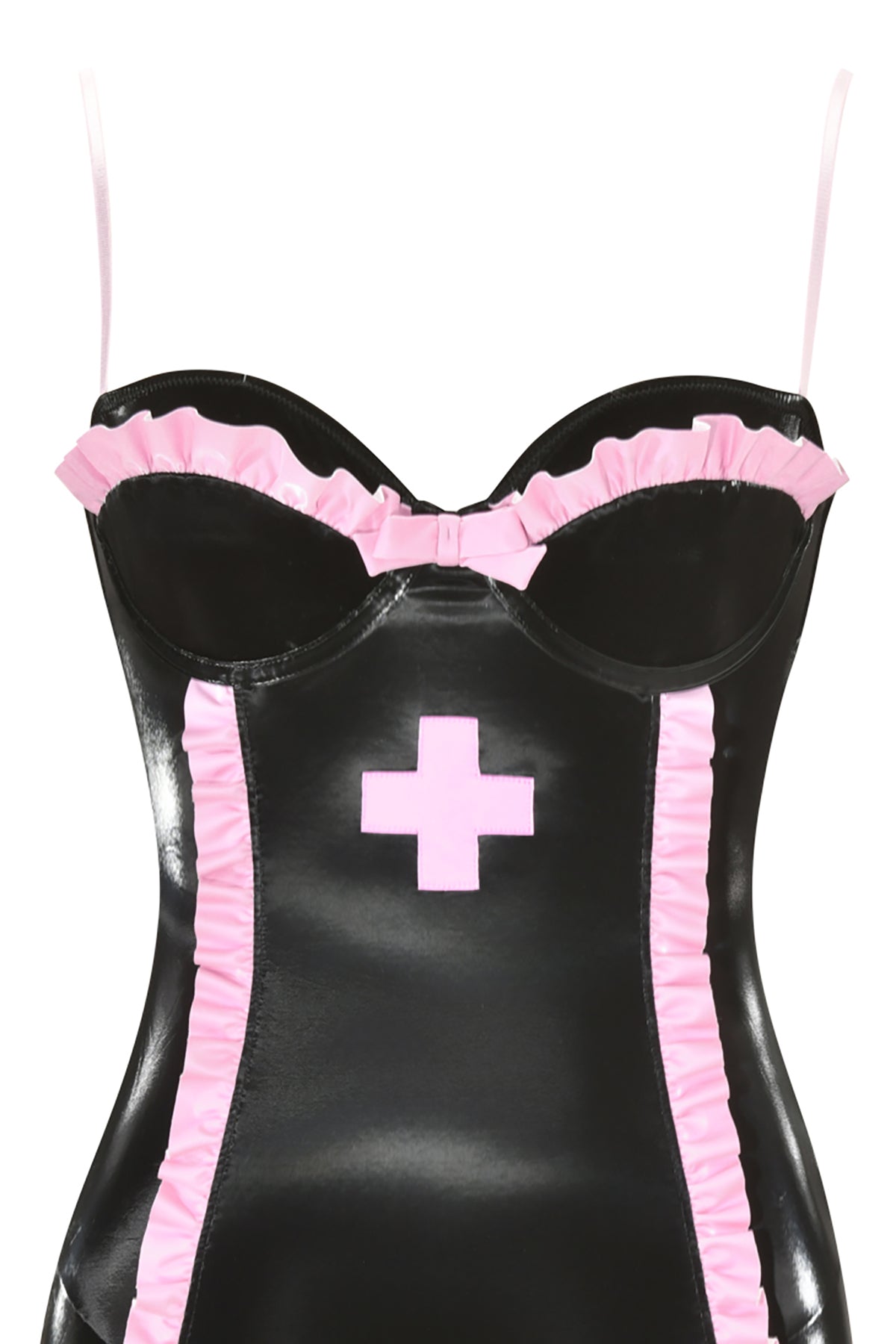 The BETTIE DRESS - BLACK by I.AM.GIA is a striking black faux latex dress accented with pink ruffle trim, thin shoulder straps, and a bold pink cross at the front center—ideal for creating a daring nurse costume. Featuring a shiny finish, body-hugging silhouette, and playful garter straps, this dress adds an extra touch of allure to any look.