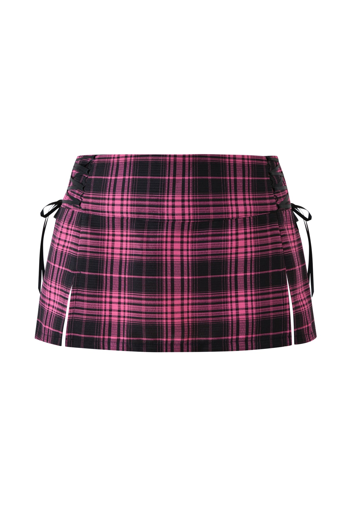 The SOFI MINI SKIRT by I.AM.GIA is a pink and black plaid mini skirt with a vintage-inspired pleated design, featuring small side slits and black ribbon ties on each side.