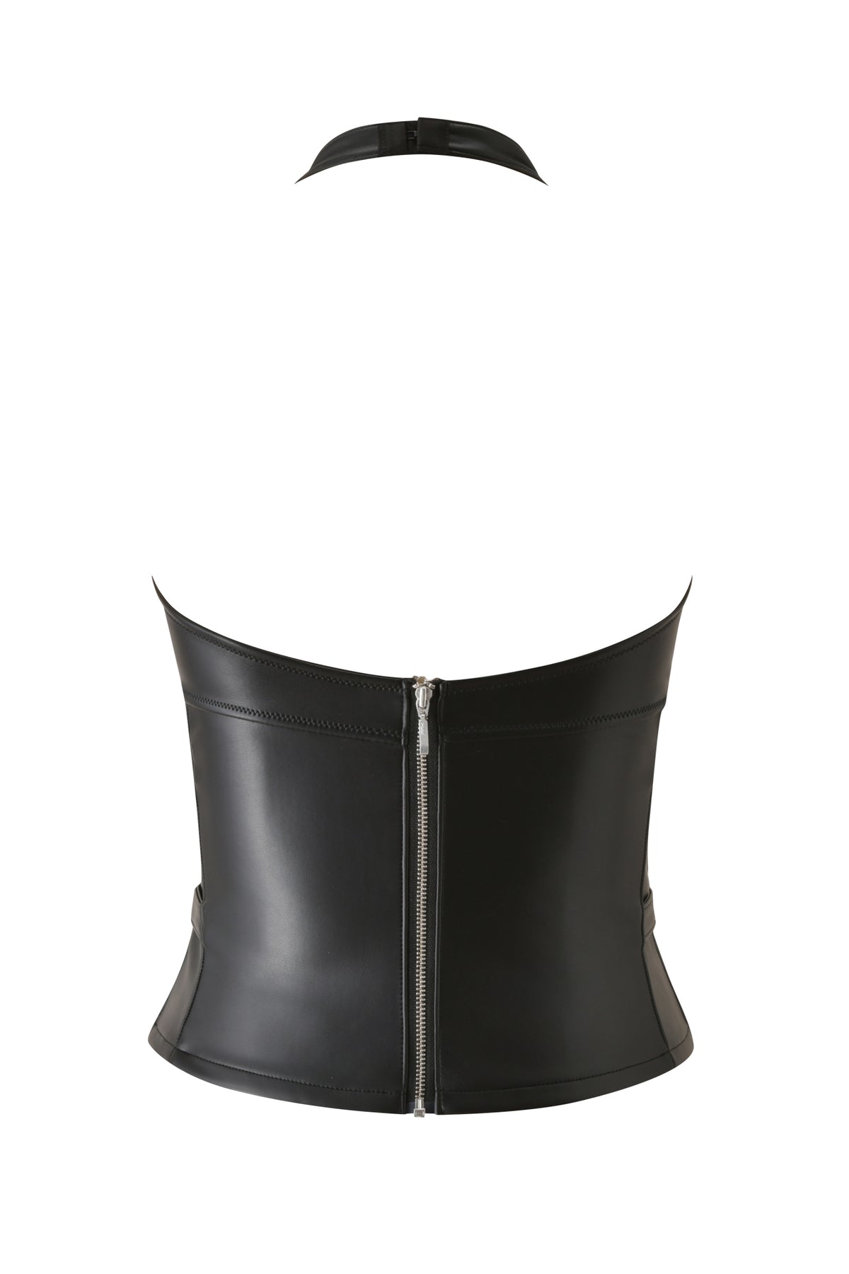 The AKASHA HARDWARE BUSTIER - BLACK by I.AM.GIA is a black faux leather halter corset top featuring structured seams, a visible back zipper, and a smooth finish—making it the ideal going-out party top, shown here on a white background.