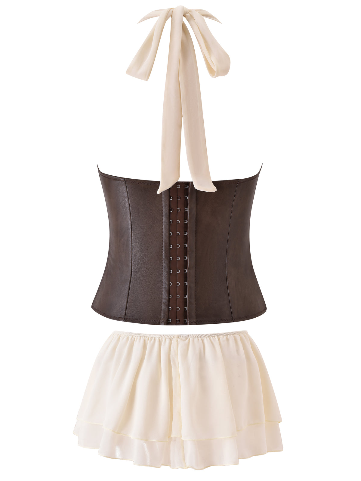 The OCEANA CORSET SET - BROWN by I.AM.GIA features a vintage-washed brown bustier corset with hook closures, paired with a flouncy, layered white mini skirt and a matching white halter neck tie for a sultry pirate-inspired look, all showcased against a clean white background.
