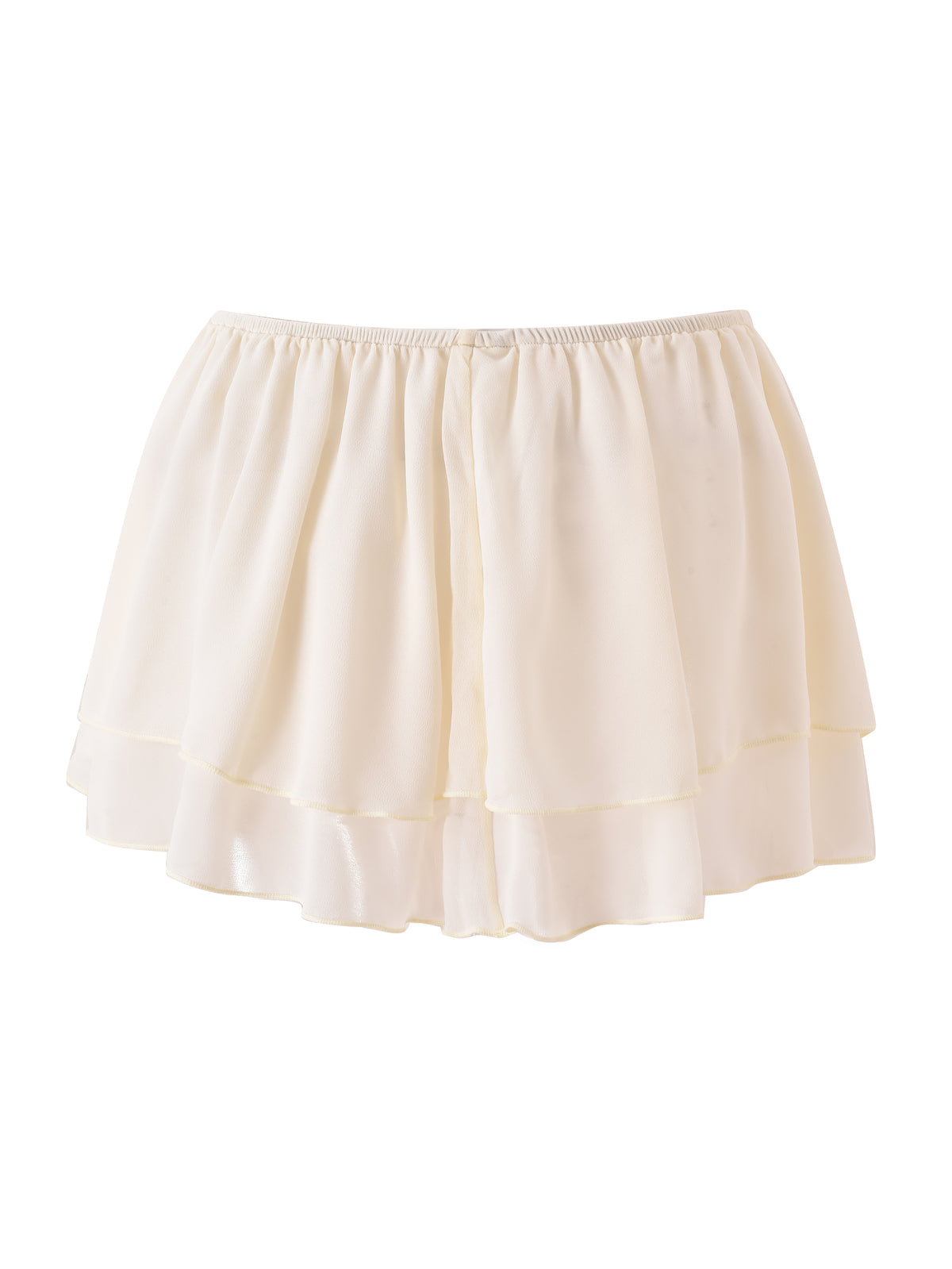 A brown, sheer chiffon flouncy mini skirt with an elastic waistband and a ruffled, layered hem from I.AM.GIA’s OCEANA CORSET SET, displayed against a white background.