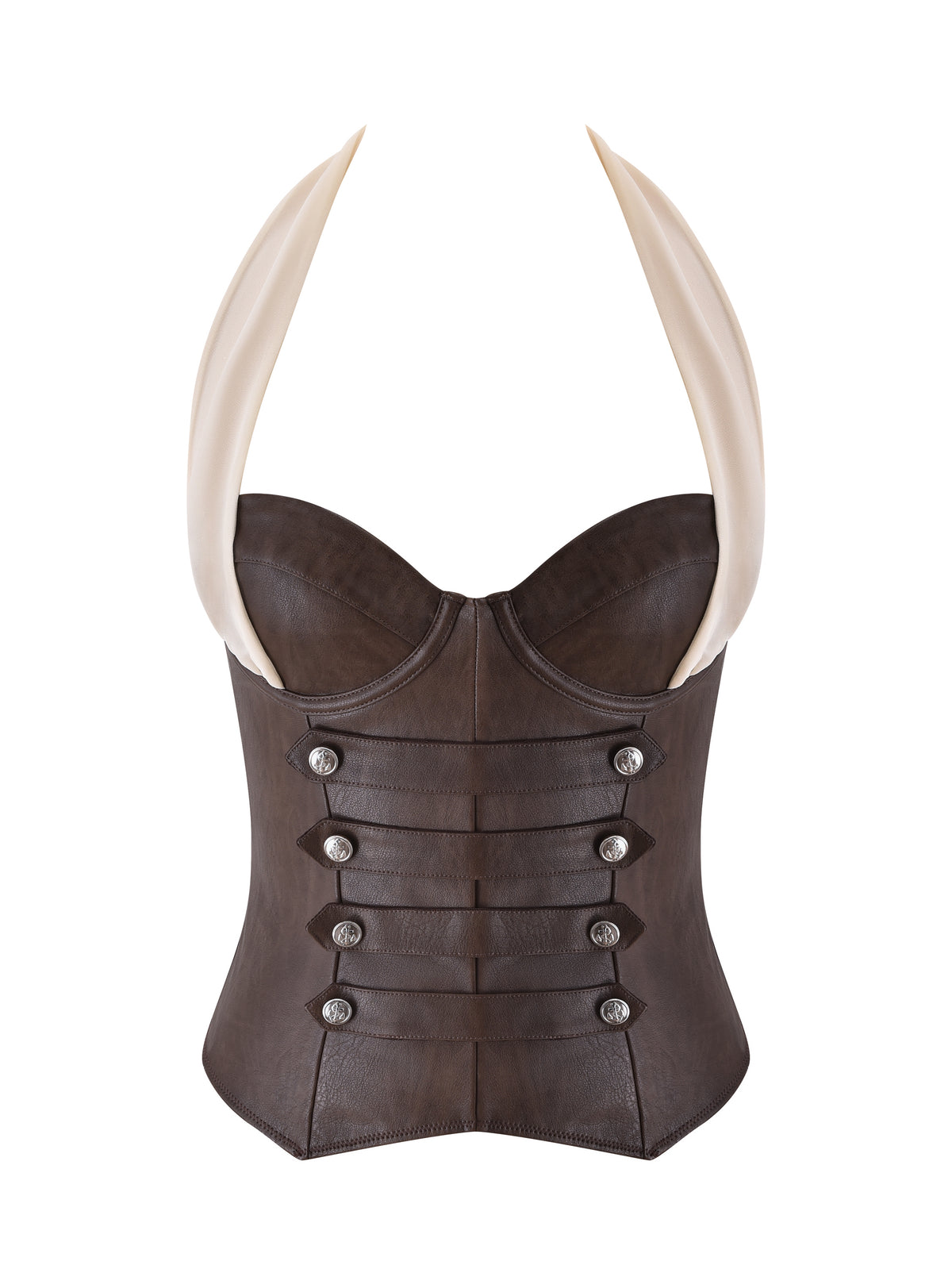 The OCEANA CORSET SET - BROWN by I.AM.GIA features a structured, tailored brown leather corset with four horizontal straps and silver buttons, complemented by cream-colored halter neck straps. This striking piece pairs perfectly with a flouncy mini skirt for a playful and eye-catching ensemble.