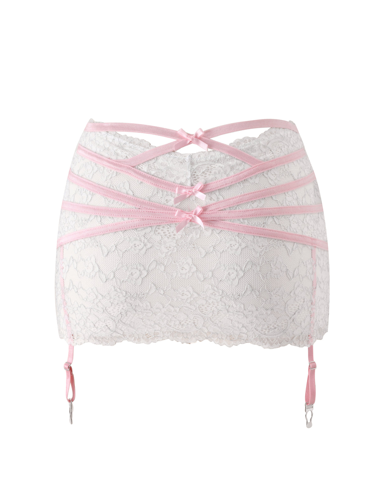 The BUNNY LINGERIE SET - WHITE PINK by I.AM.GIA features a delicate white lace garter belt with charming pink ribbon accents, three petite pink bows, and adjustable pink straps finished with metal clips at the sides—ideal for pairing with the full set or styling under an ultra-mini lace skirt for a vintage-inspired look.
