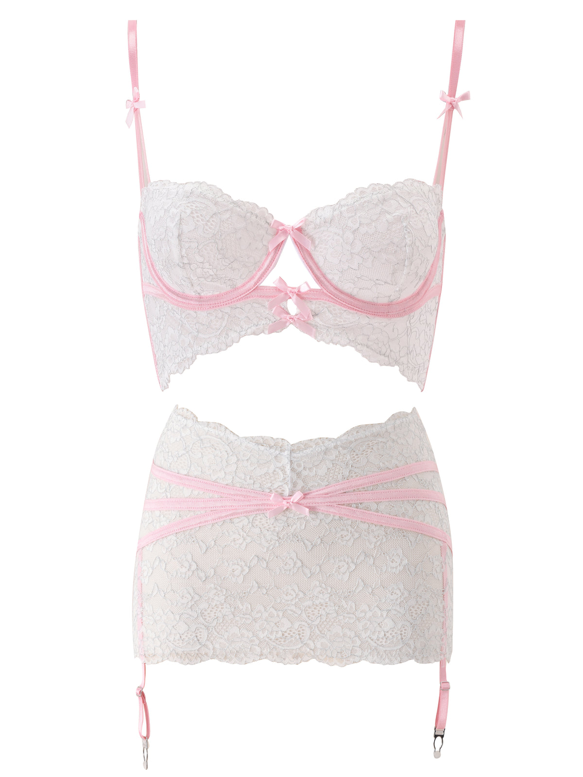 Introducing the BUNNY LINGERIE SET - WHITE PINK by I.AM.GIA, a vintage-inspired ensemble featuring delicate white lace with pink trim, dainty bows, and adjustable straps. This charming set includes an underwire bra and a matching garter belt embellished with pink ribbon details and garter clips for an extra touch of allure.