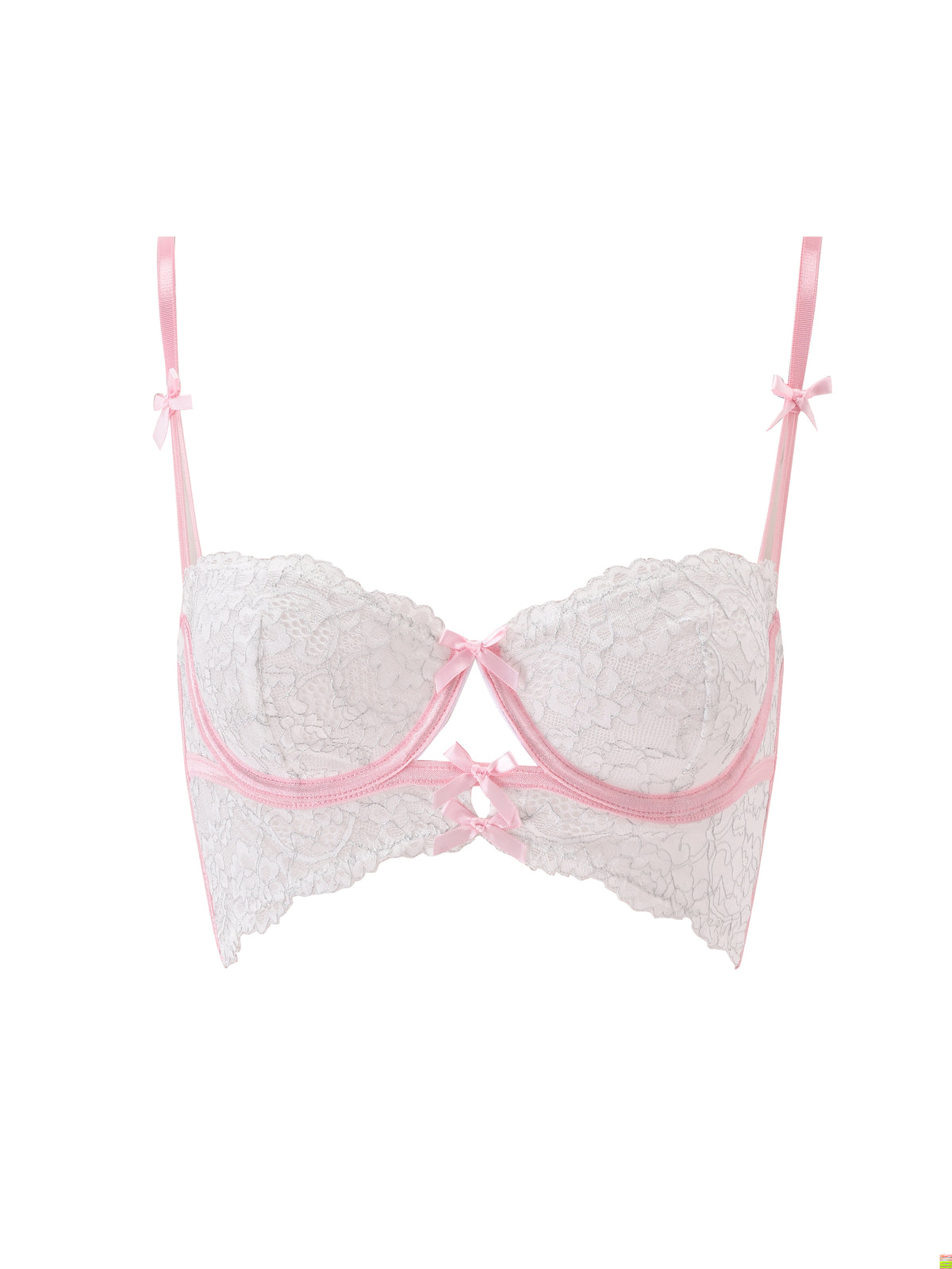 The BUNNY LINGERIE SET - WHITE PINK by I.AM.GIA is a vintage-inspired lingerie set, featuring a white lace bra with pink straps, pink trim, and delicate pink bows on the straps and at the front center, displayed against a plain white background.