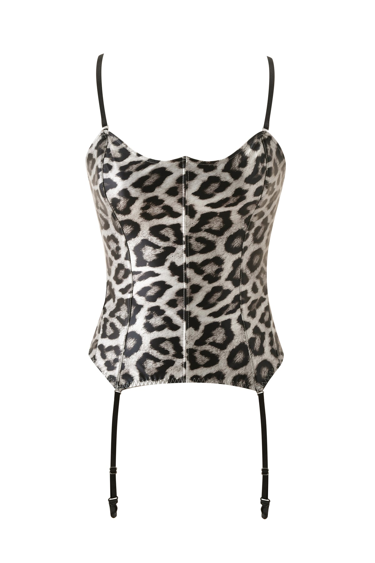 The SABRE CORSET - SNOW LEOPARD by I.AM.GIA features a striking metallic snow leopard print bustier with thin black straps, coordinating black garter straps, and a fitted bodycon silhouette. This structured corset showcases a chic sweetheart neckline and is presented against a plain white background.