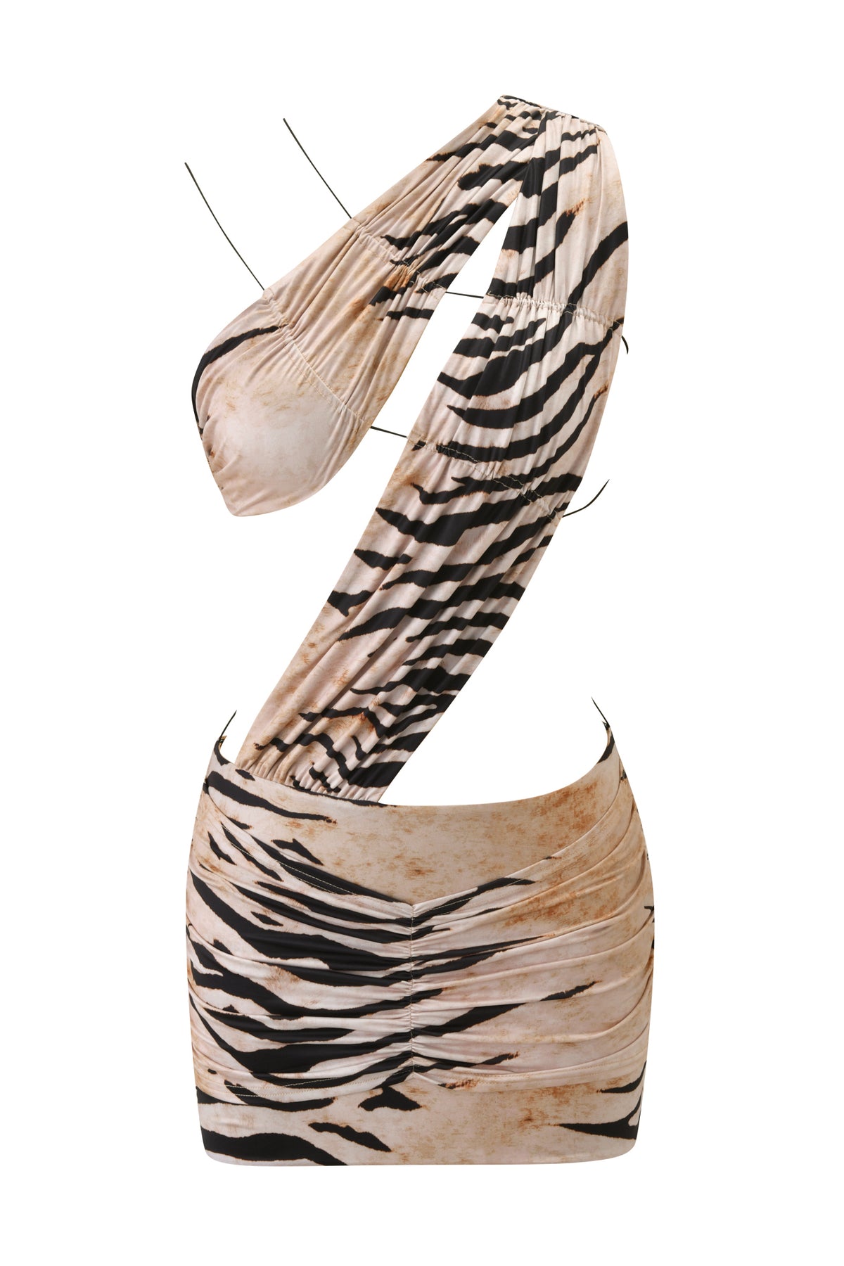 The SASKIA MINI DRESS - WILD SIDE by I.AM.GIA is an asymmetrical, sleeveless mini with a bold zebra print, single wide strap, and ruched bodycon skirt in beige, black, and brown tones.