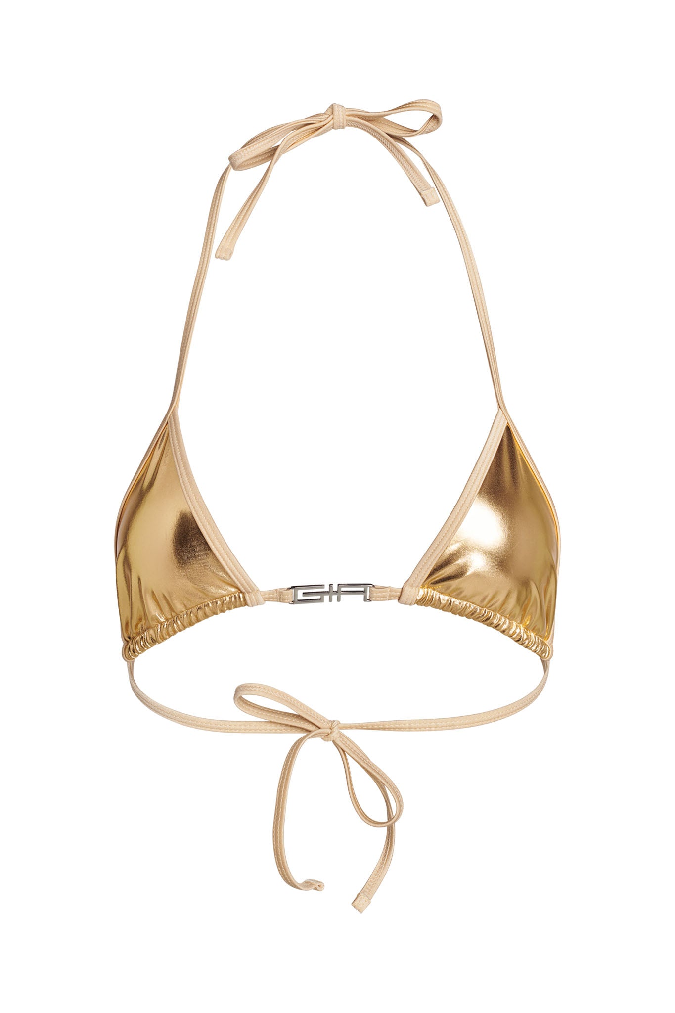 The ALOHI BIKINI TOP - GOLD by I.AM.GIA is a shiny gold bikini top featuring a halter neck tie and a back tie. The triangular cups are connected by a small metal clasp, adding a touch of detail.