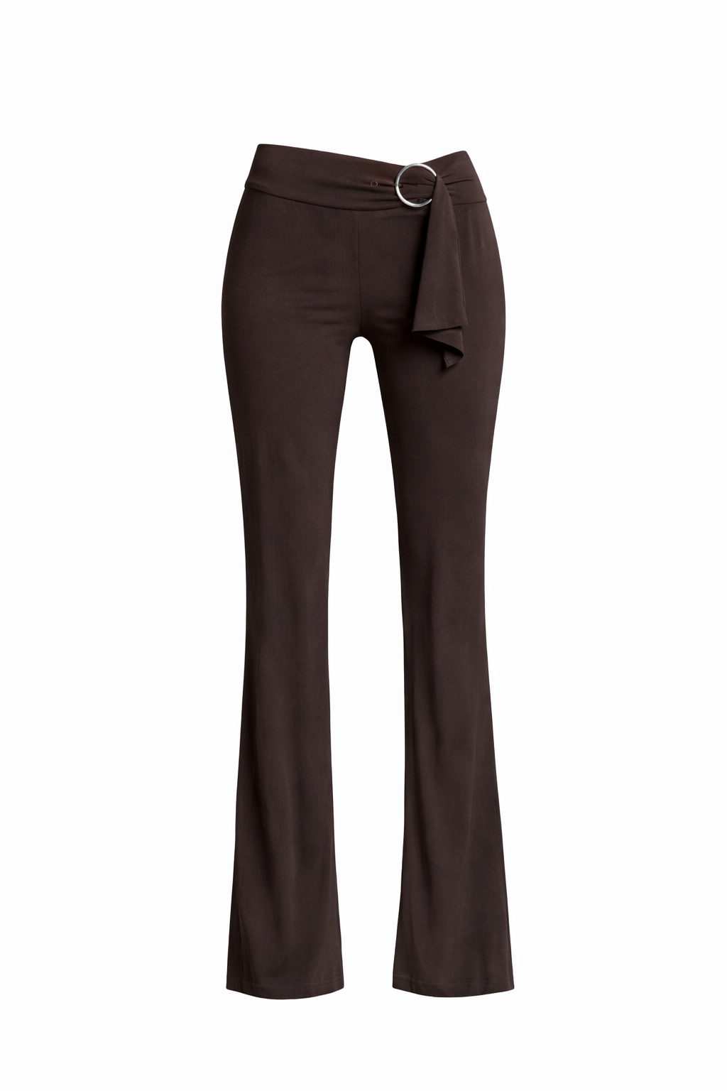 The I.AM.GIA SIOFRA PANT - BROWN features high-waisted flared legs, a wide waistband, and a draped belt with a silver circular buckle, shown against a white background.