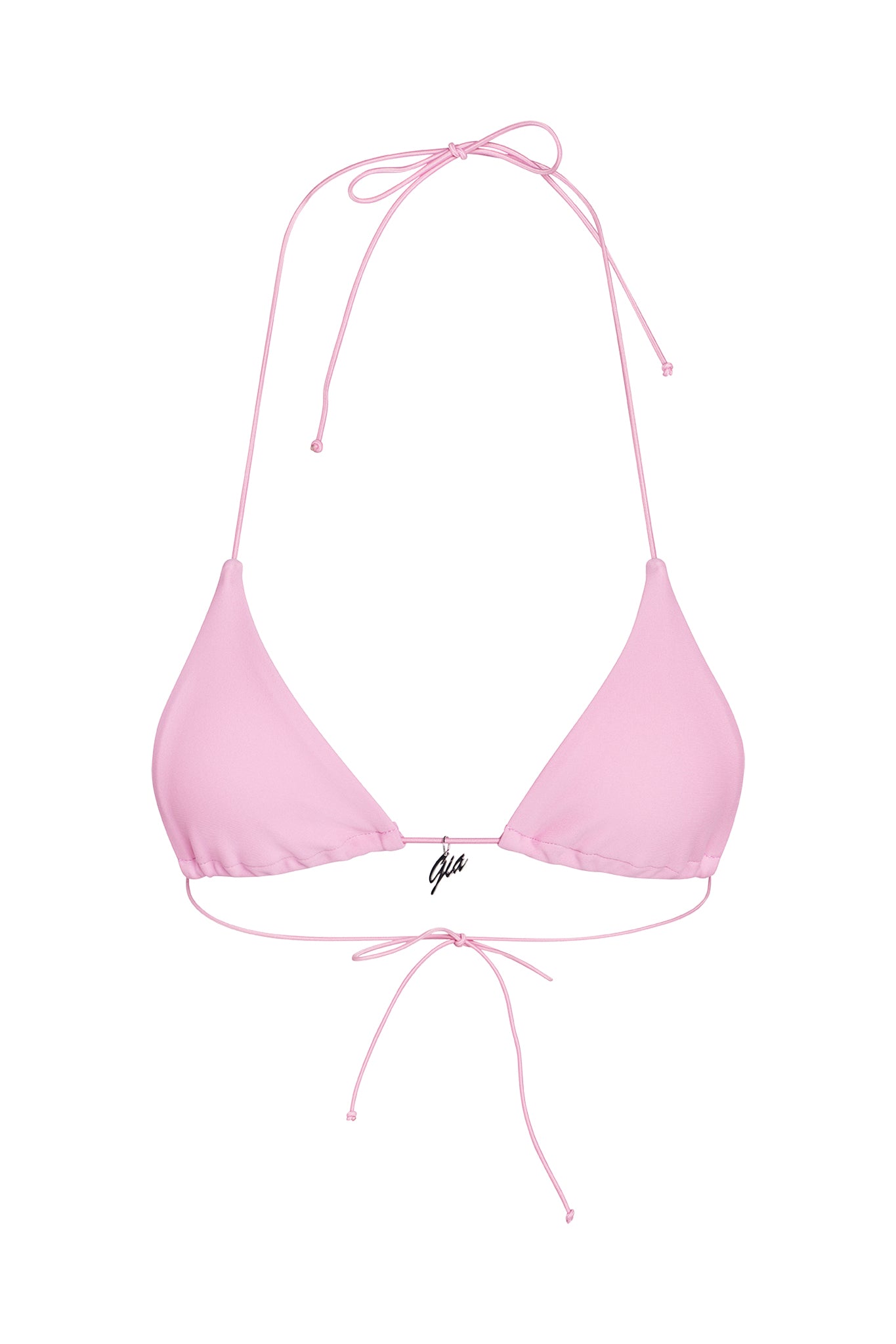 Image of the BAMBI BIKINI TOP - PINK : BUBBLEGUM from I.AM.GIA, featuring light pink triangle cups with tie closures at the neck and back. The center of the top showcases a small decorative script "Gia" in black, highlighting its I.AM.GIA branding. The top is laid flat against a plain white background.
