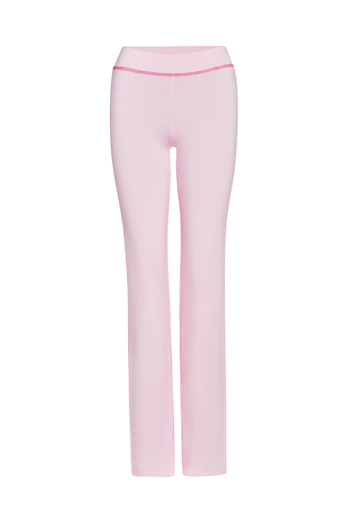 The BLARE TRACKPANT - PINK in pastel pink from I.AM.GIA features a minimalistic design with a fitted waist and straight legs. Made from stretchy bamboo fabric, these pants offer a soft and comfortable feel, perfect for casual wear.