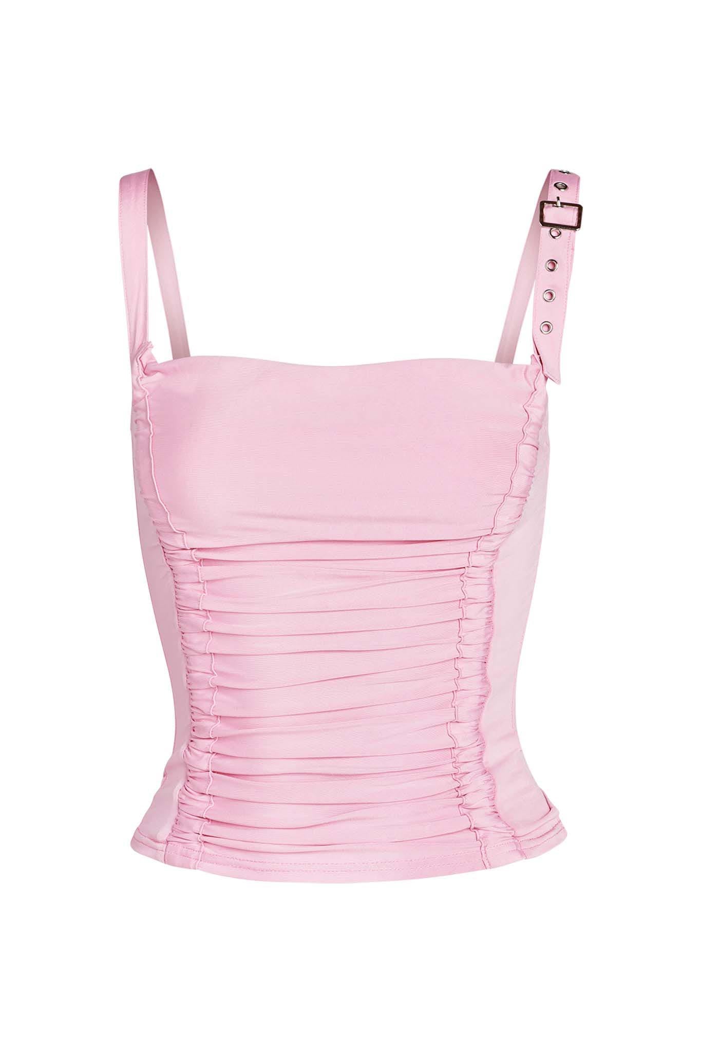 The LAVINIA TOP - PINK from I.AM.GIA is a ruched sleeveless top with an adjustable buckle strap on the right shoulder. The vertical fabric gathers along the front give it a fitted and stylish look. It features a straight neckline and extends to the waist.