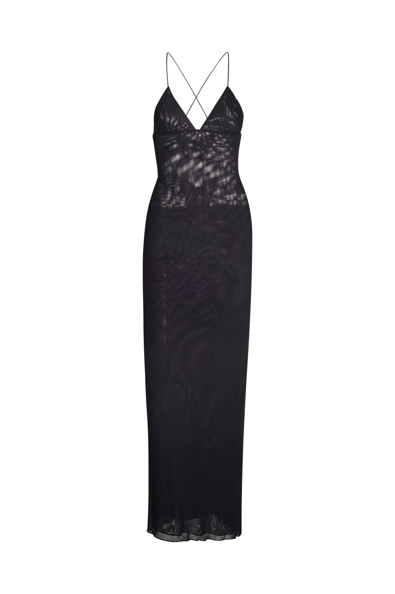 The ELLERY DRESS - BLACK by I.AM.GIA is a sleek black mesh maxi dress featuring thin spaghetti straps that cross at the back. The dress has a form-fitting silhouette with slightly sheer fabric, offering a stylish and elegant look. It is designed with a subtle V-neckline and maintains a minimalist aesthetic.