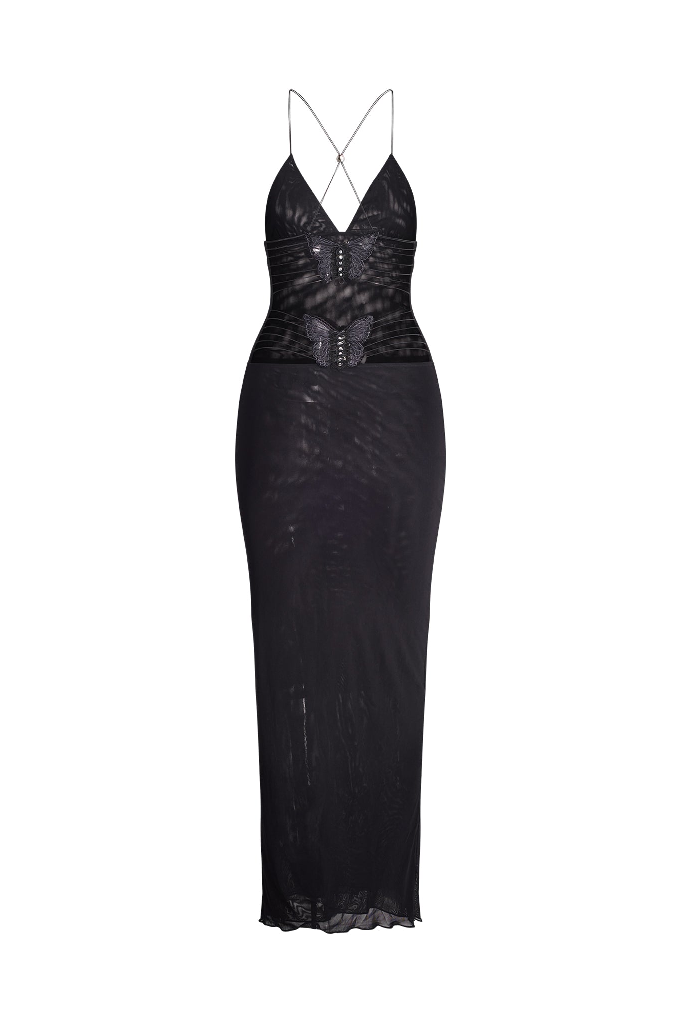 The ELLERY DRESS - BLACK by I.AM.GIA is a long, sleek black dress featuring thin criss-cross spaghetti straps, an exposed open back, and a low neckline. This stunning dress has a fitted silhouette, sheer detailing at the waist, and extends to mid-calf length.