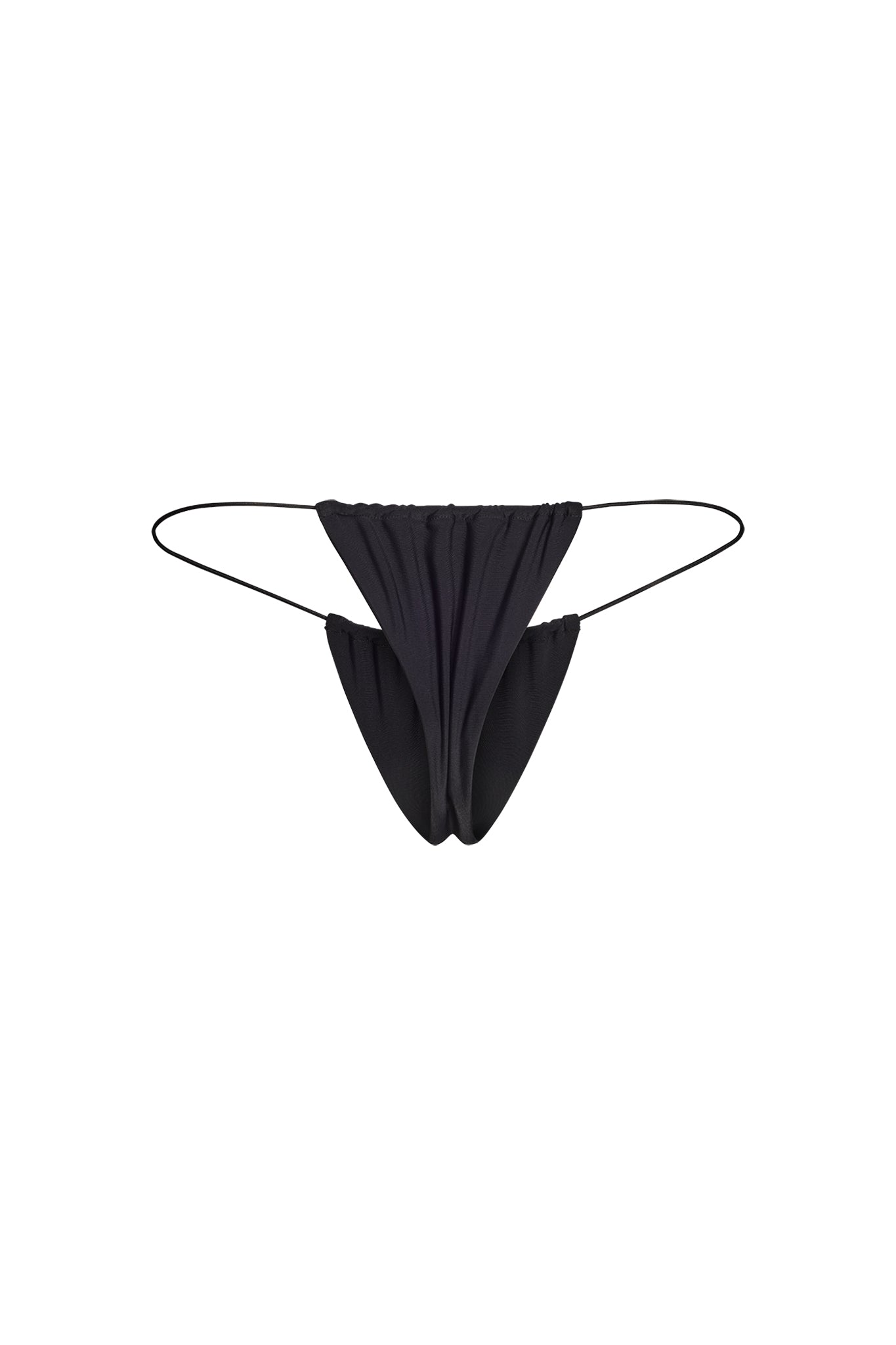 The BAMBI BIKINI BOTTOM - BLACK from I.AM.GIA is a pair of black minimalist thong underwear with thin side straps and a gathered fabric design at the front and back, perfectly embodying the brand's bold aesthetics.