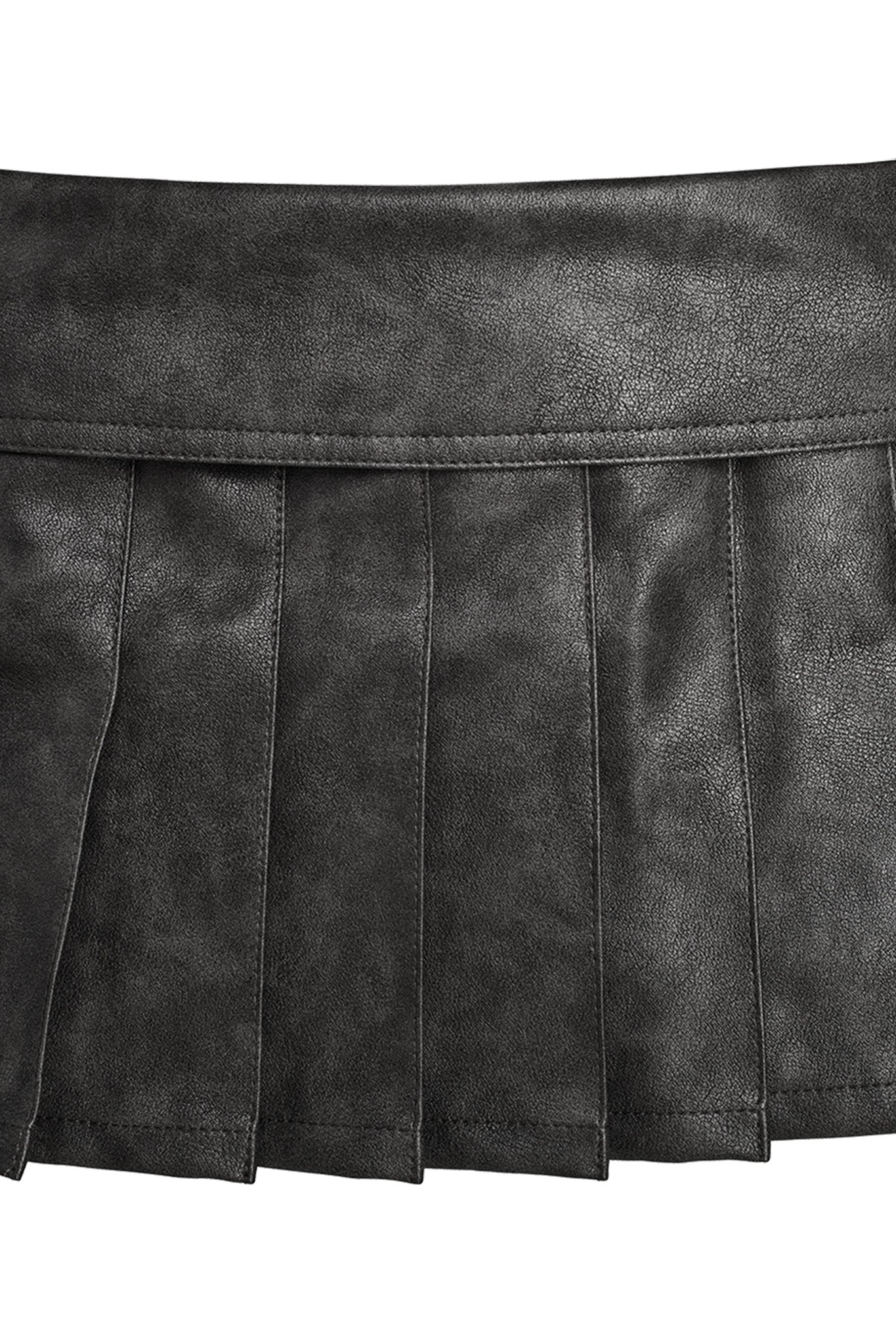 A close-up image of the I.AM.GIA KARI SKORT - GREY : CHARCOAL with lace-up detailing. The material appears smooth and slightly glossy, with evenly spaced vertical pleats running down the length of the skort. The top waistband is visible, showing a neat and finished edge.