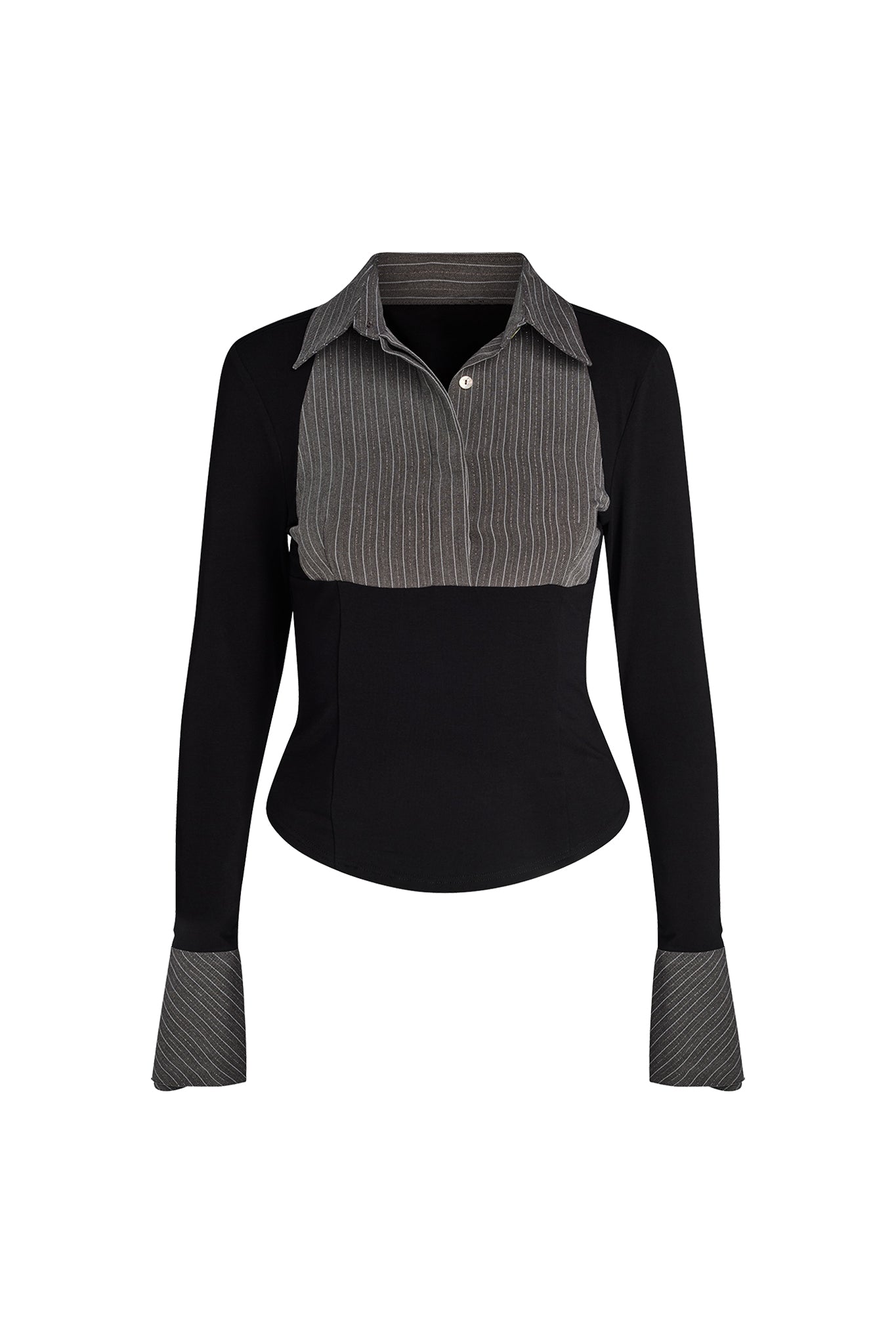 The SHARAH TOP - BLACK : GREY by I.AM.GIA features a chic gray pinstriped collar and bust panel. Stylish pinstriped cuffs contrast beautifully with the solid black fabric, while the fitted, tailored design ensures a sleek silhouette.