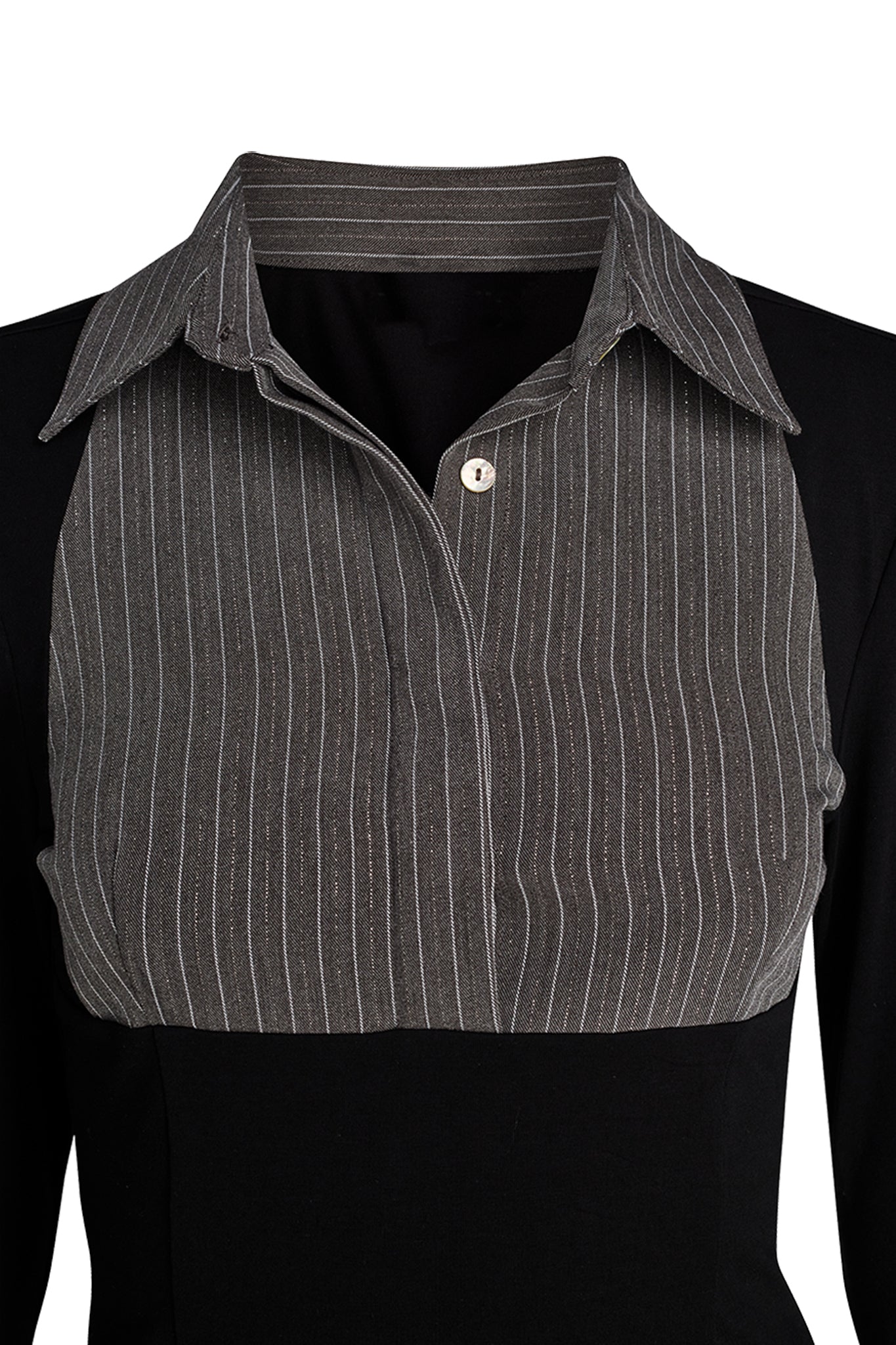 A close-up of the I.AM.GIA SHARAH TOP in black and grey showcases a gray pinstripe bib detail. The bib features vertical white stripes and extends from the collar to just above the bust. The top has a collar and one button visible near the top, set against a white background.