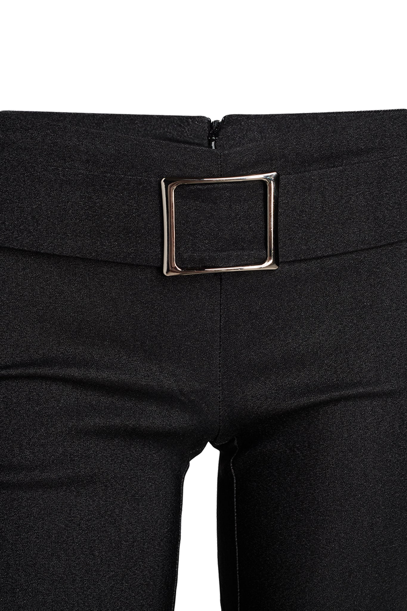 Close-up of the waist area of a pair of grey SHARAH PANT by I.AM.GIA, featuring a metallic square buckle at the front. The pants have a smooth texture and a seam running down the center. The background is plain white.