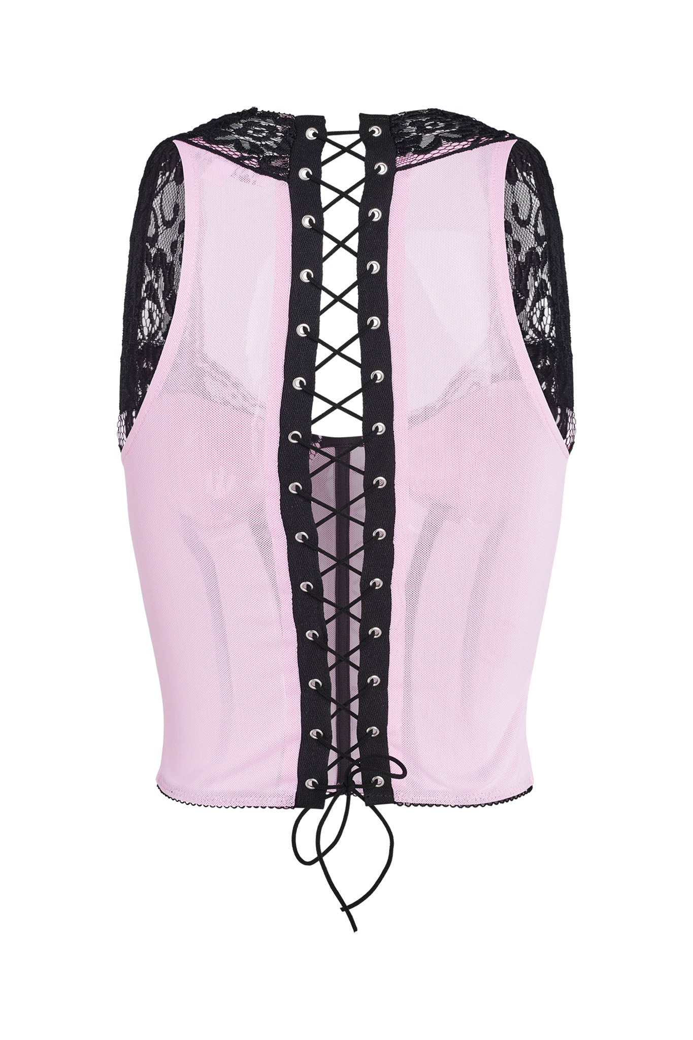 The image showcases the back view of the I.AM.GIA SUTRA CORSET in pink. This chic piece features black lace accents on the shoulders and sides, complemented by a black lace-up design down the middle of the back, tied at the bottom. The material appears lightweight and slightly sheer.