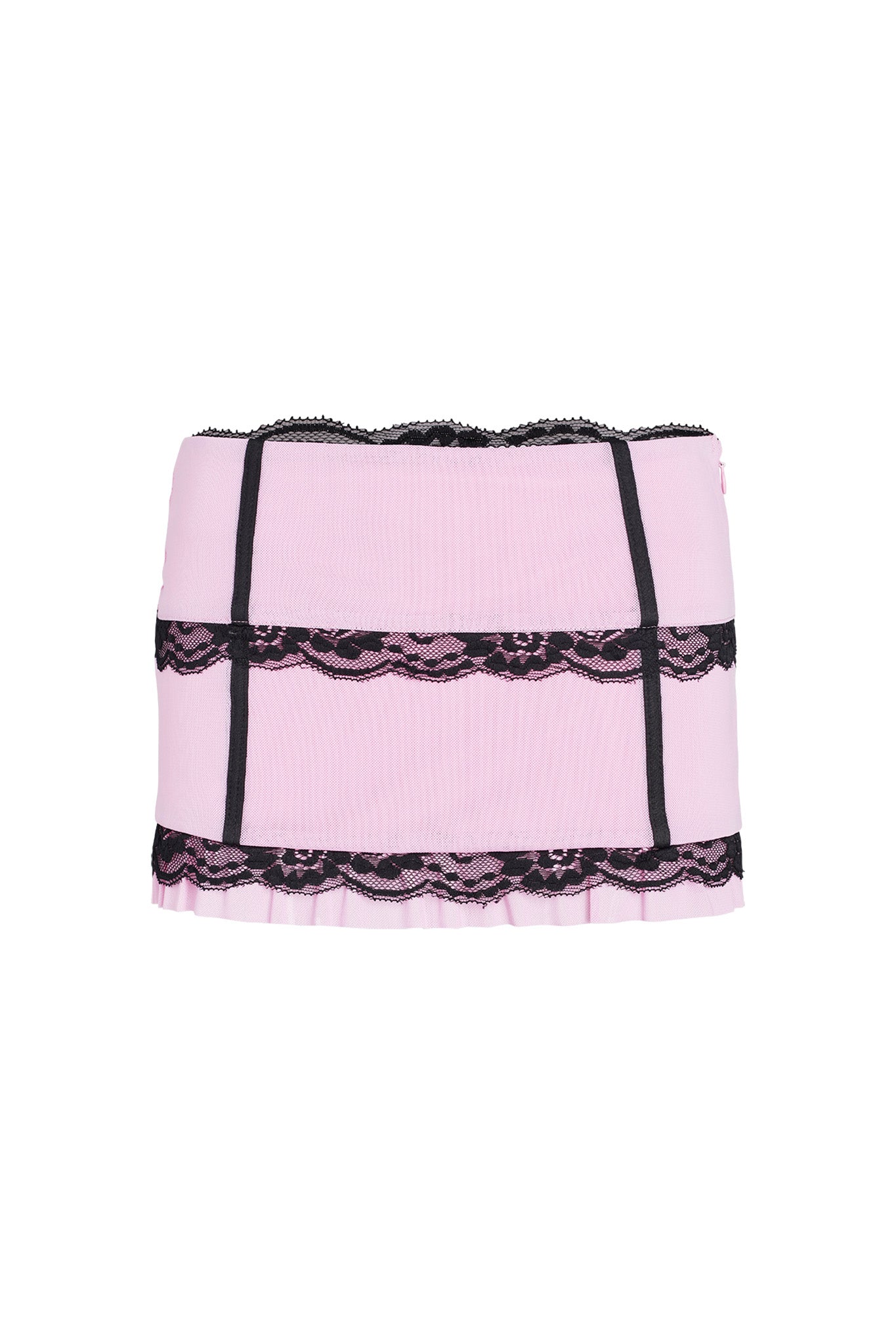 A pink bandeau from I.AM.GIA adorned with black lace detailing. The design includes horizontal black lace stripes and vertical black seams, complemented by a ruffled edge at the bottom, giving it a delicate and sheer appearance similar to that of the SUTRA SKIRT - PINK.