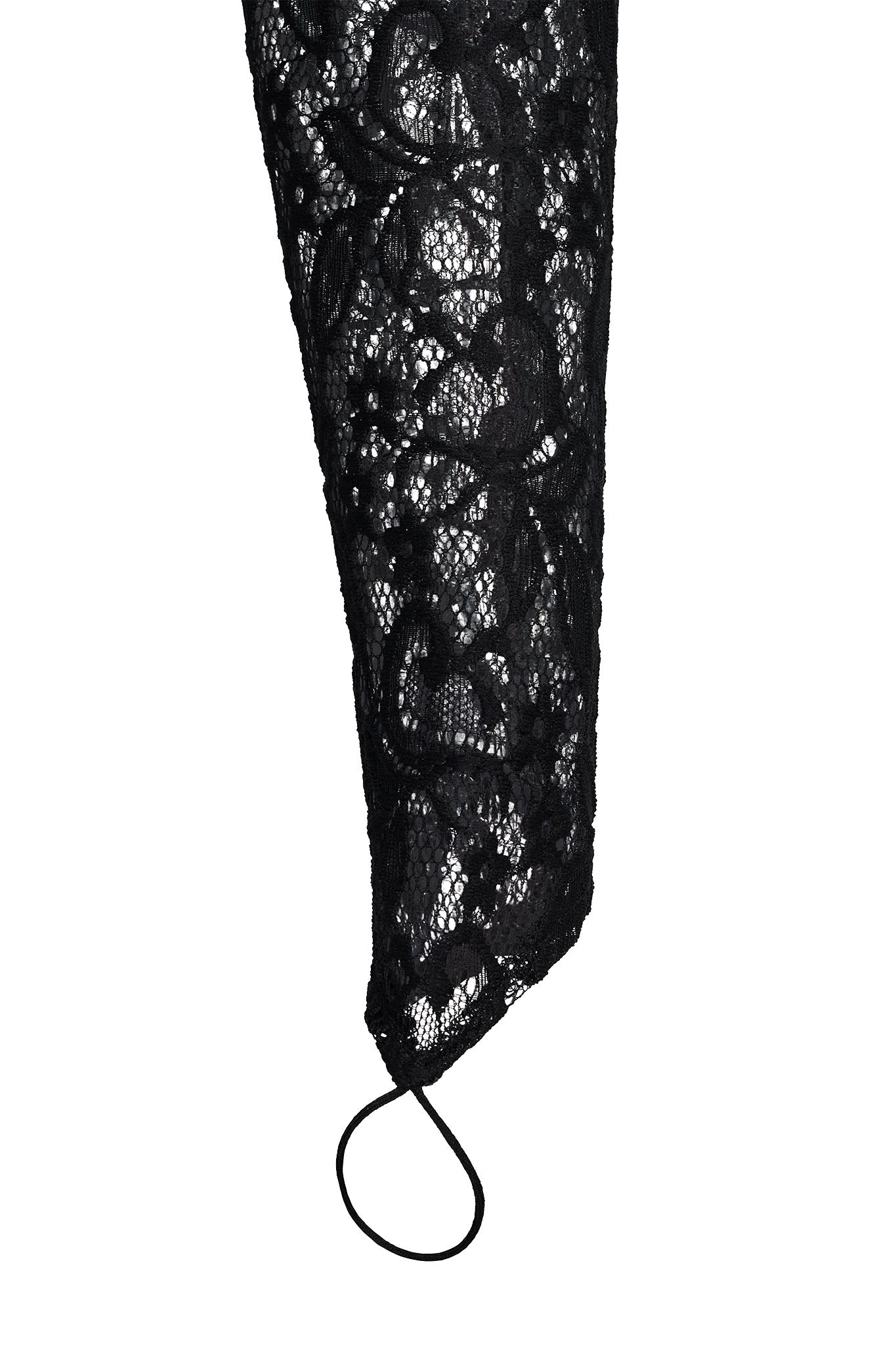 Close-up of an intricately patterned black lace sleeve with floral designs from the AIRO TWO PIECE BODYSUIT - BLACK by I.AM.GIA. The sleeve's end tapers into a point with a small loop, likely for securing around a finger, highlighting its elegant and detailed craftsmanship. This design is reminiscent of the striking styles by I.AM.GIA.