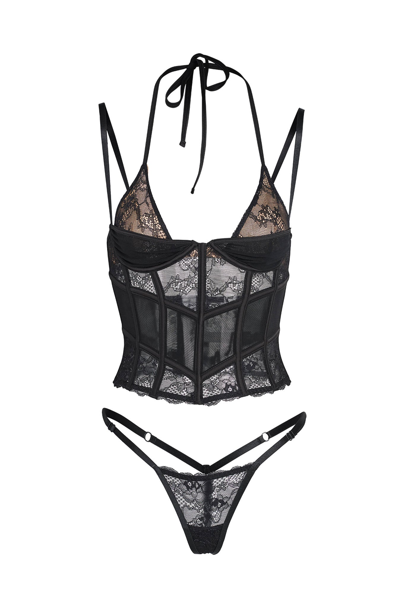Discover the allure of the I.AM.GIA VERUCA SET in black, featuring a sheer, underwire bustier top with adjustable shoulder straps and a halter neck tie. Paired with matching lace thong panties, the bustier's intricate lace details and mesh panels create a delicate and elegant look.