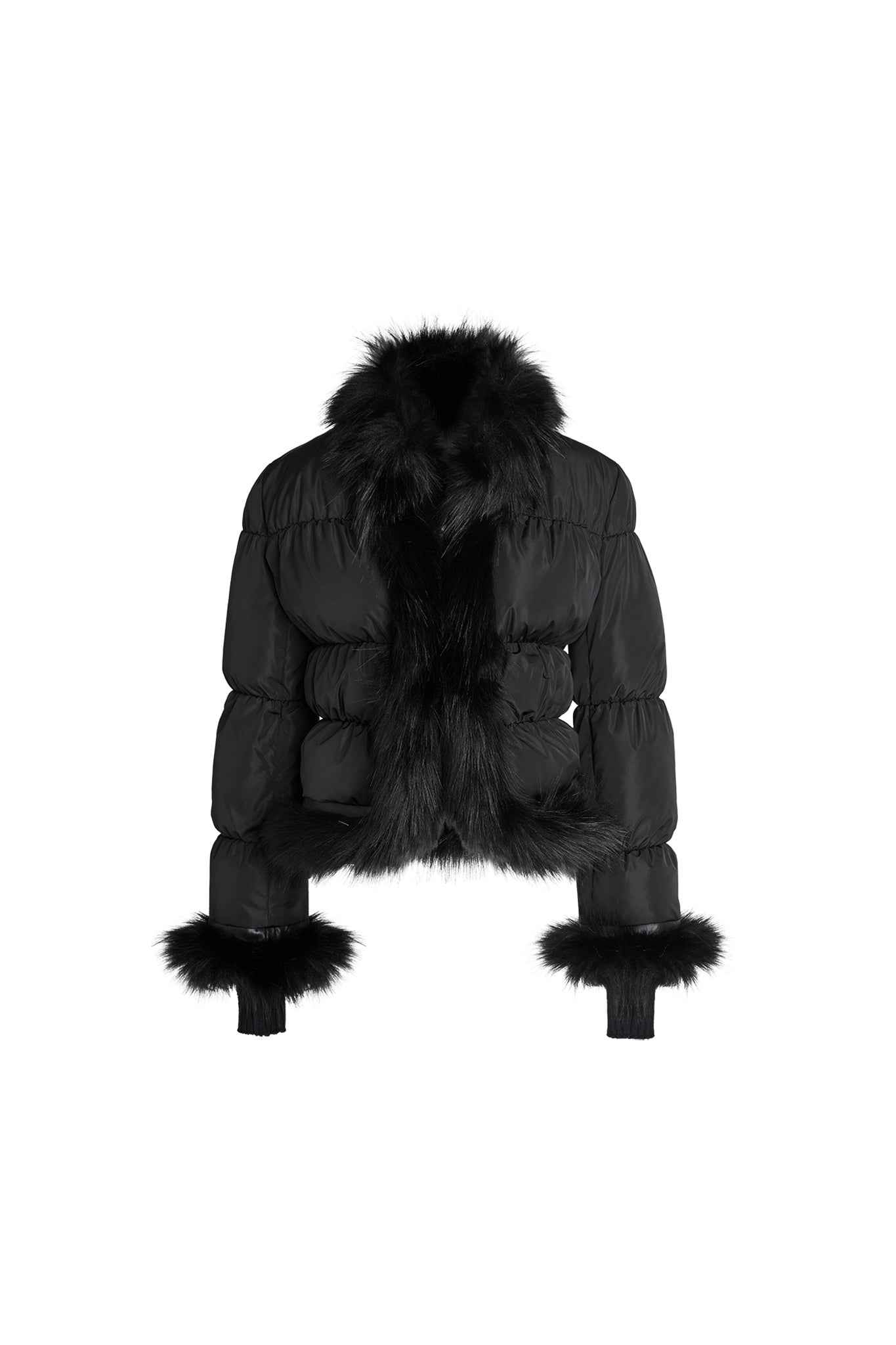 The BILLIE JACKET - BLACK by I.AM.GIA is a black, puffy winter jacket that features a high collar and luxurious fur trim along the collar, front opening, and cuffs. This stylish jacket appears warm and chic, set against a plain white background.