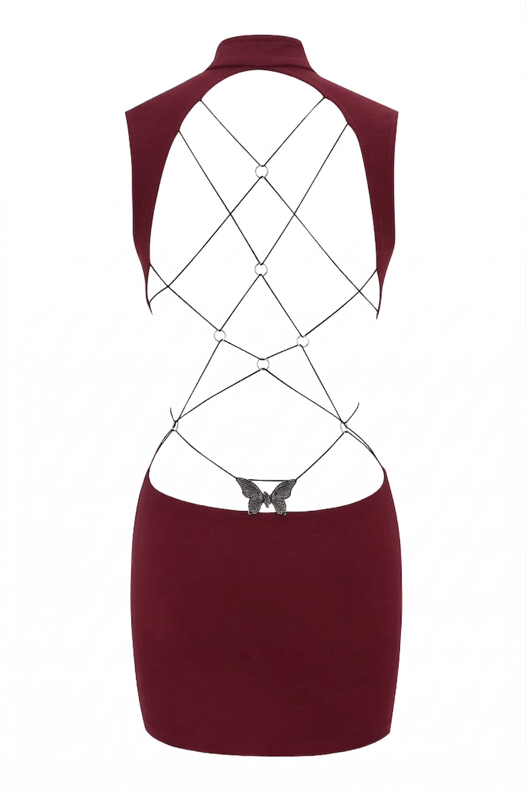 The LARISA BACKLESS STRAP MINI DRESS - MAROON by I.AM.GIA is a maroon bodycon mini dress with a high neckline, open back, crisscross straps with silver rings, and a butterfly detail at the lower back.