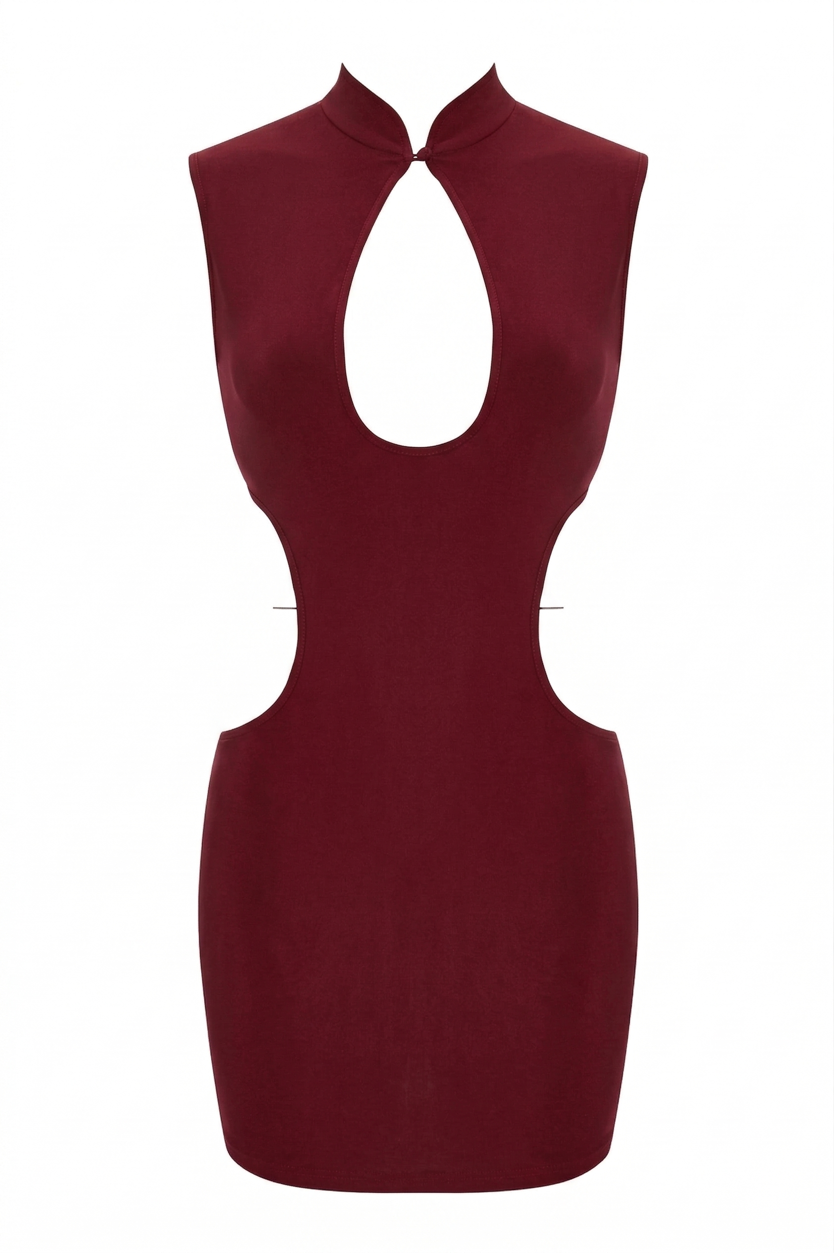 The I.AM.GIA LARISA BACKLESS STRAP MINI DRESS in maroon is a sleeveless, fitted bodycon mini dress with a high neckline, front keyhole detail, and bold side waist cutouts for an open-side look. No visible embellishments.