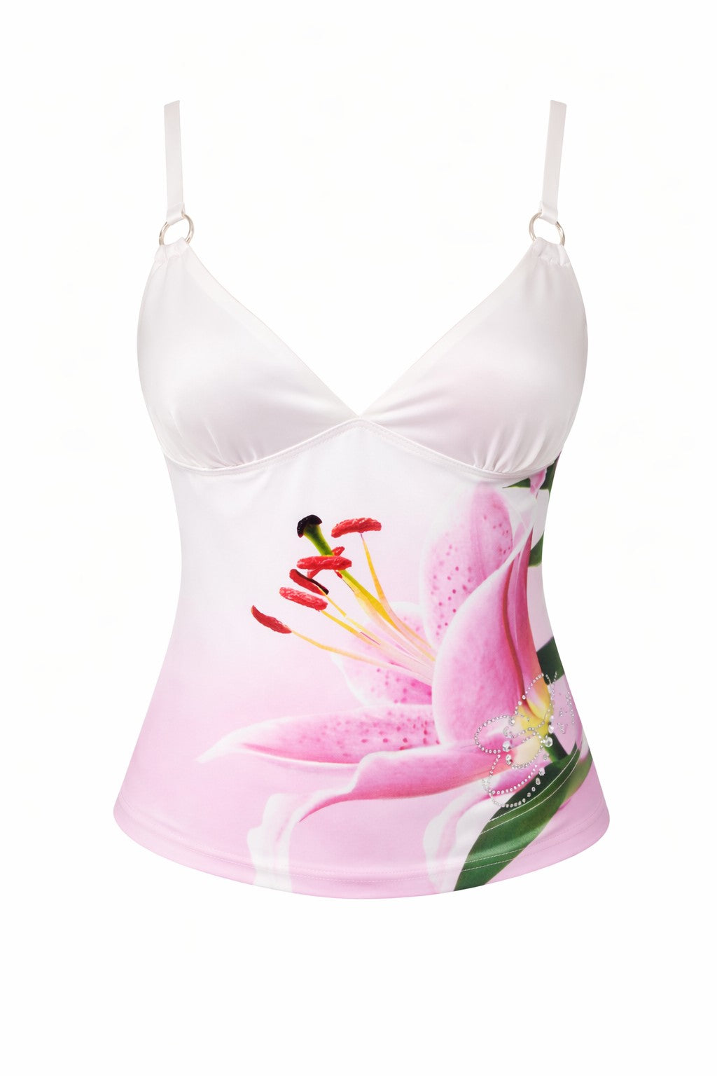 The ODETTA TOP - PINK LILY OMBRE by I.AM.GIA features thin straps and a bold pink lily with green leaves on a white background for a fresh, vibrant look.
