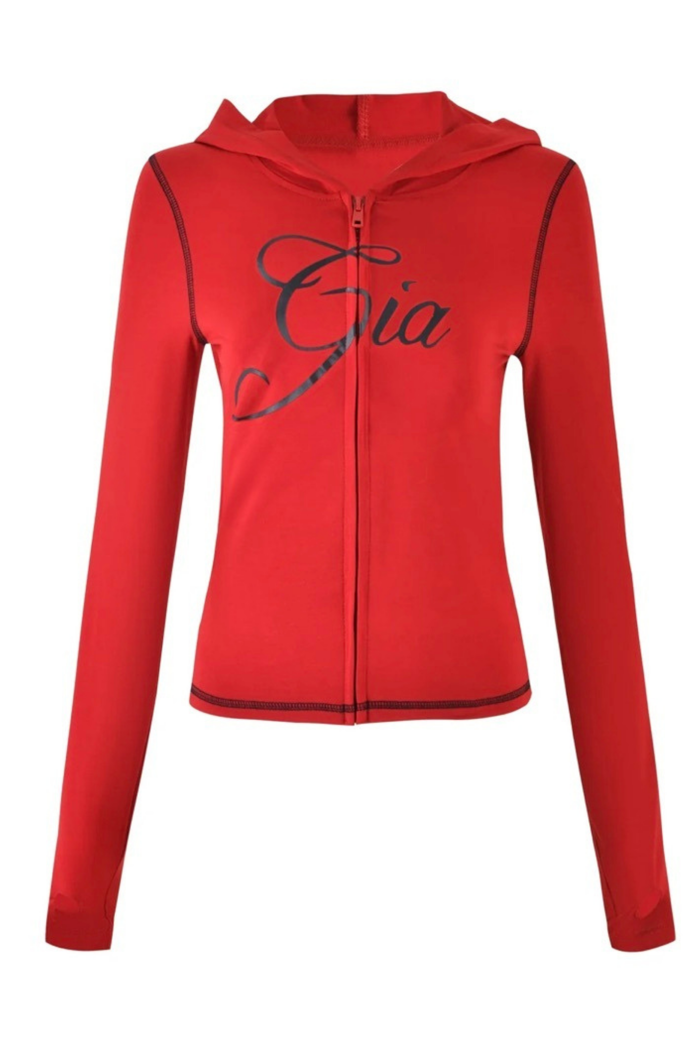 A red BLARE HOODIE by I.AM.GIA featuring a hood, zip-up front, long sleeves, and “Gia” written in black script across the chest.