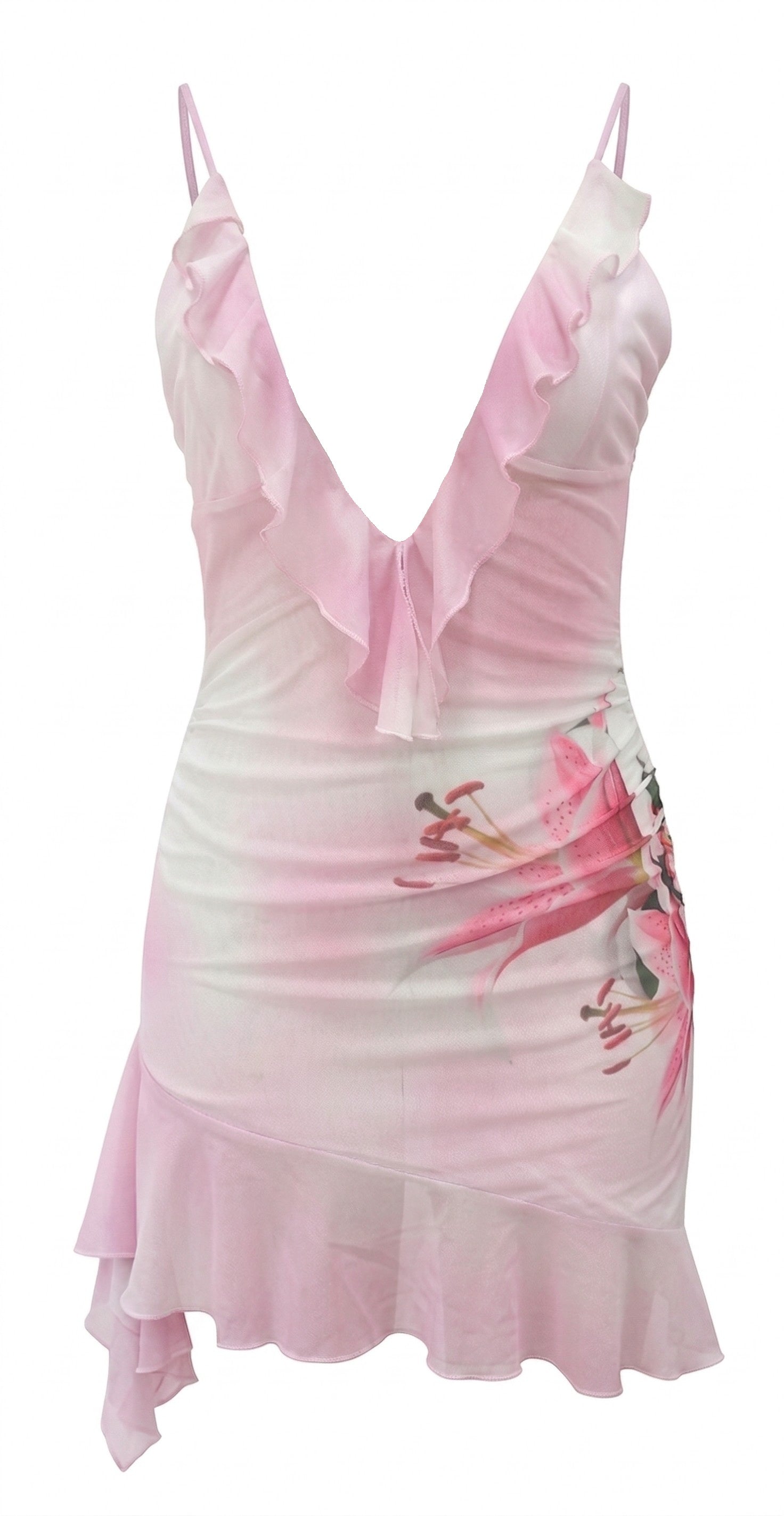 The VIRA MINI DRESS - PINK LILY OMBRE by I.AM.GIA is a sleeveless, bodycon dress featuring a deep V-neckline, ruffled trim, thin straps, ombre pink hue with floral details on the side, and an asymmetrical hemline.